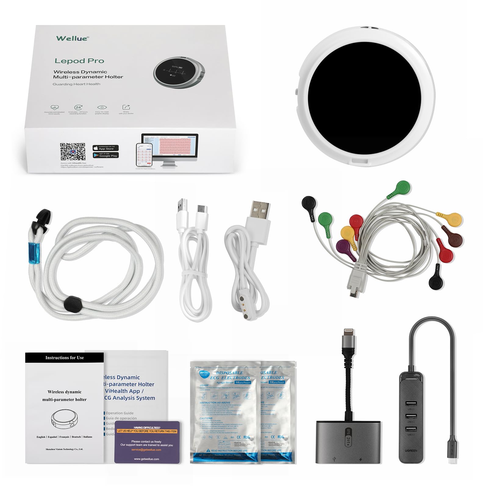 Wellue LP12 ECG portable 12 dérivations avec écran OLED, enregistrement de l'ECG en temps réel sur 24 heures, rapports AI ECG détaillés, marqueurs d'événements, Support pour Smartphone APP et PC