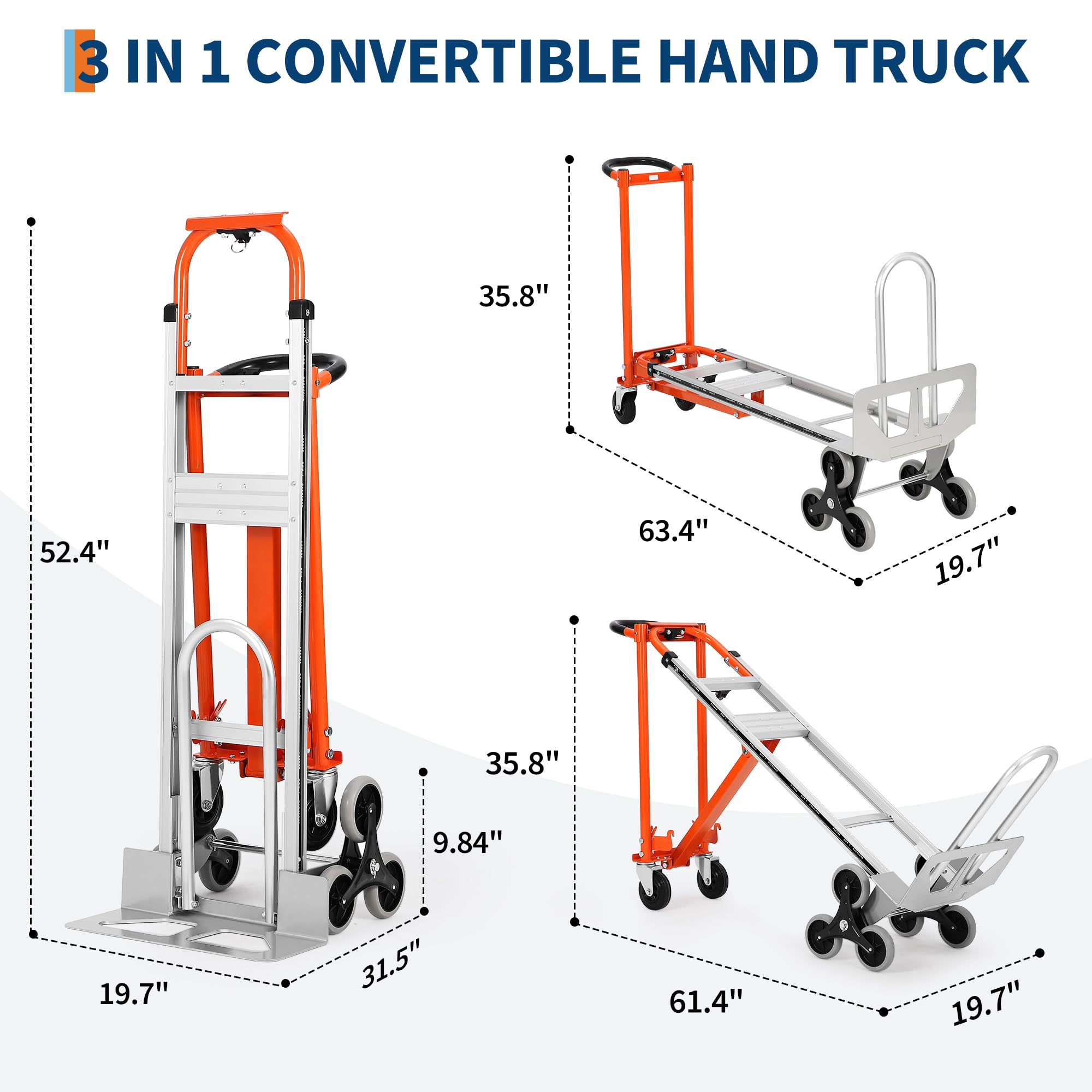 Carretilla Plegable 3 en 1, Carretilla con Ruedas para Subir Escaleras Resistentes a Pinchazos, Capacidad de Carga de 340 Kg, Material de Aleación de Aluminio, Correas Elásticas