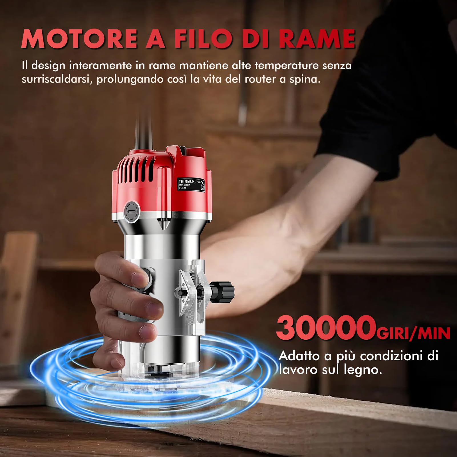 Fresa Elettrica per Legno 800W, Fresatrice Manuale 30000 Giri/min con Guida a Rullo e Guida Lineare, Rifilatore per Legno con Pinza 6,35mm, Fresa per Scanalature Bordi Profili e Incisioni