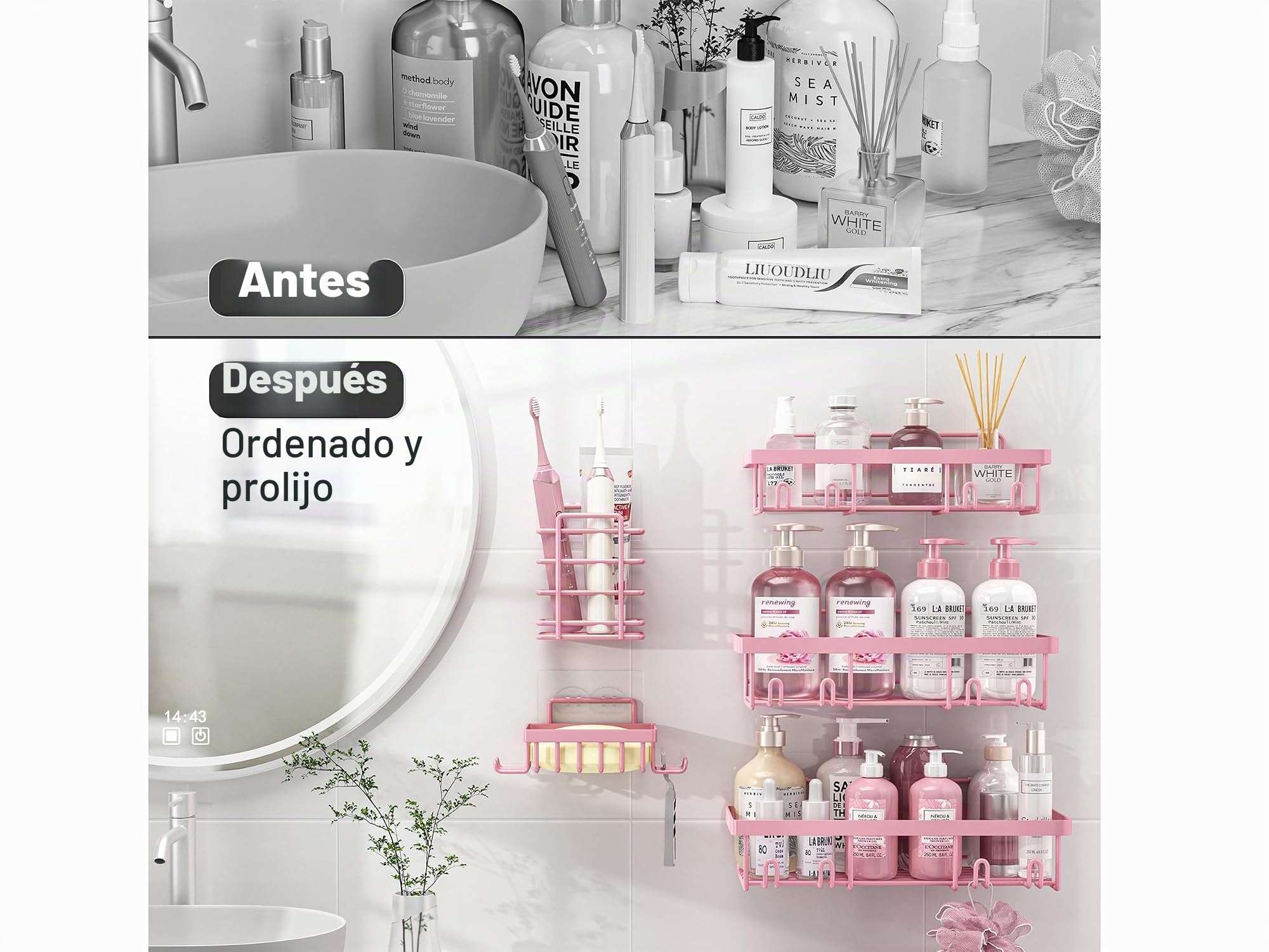 Liuoud Paquete de 5 estantes organizadores de ducha para regadera interior, cesta de almacenamiento adhesiva de pared de baño de acero inoxidable, soporte de champú de acero inoxidable, juego de