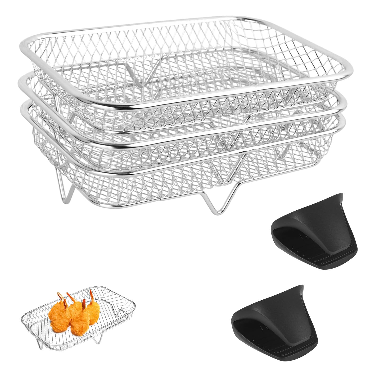 3-Pack Stainless Steel Stackable BBQ Grill Racks with Silicone Handles, Versatile Oven Tray & Grill Pan Set for Baking, Roasting, Air Fryer, Dishwasher