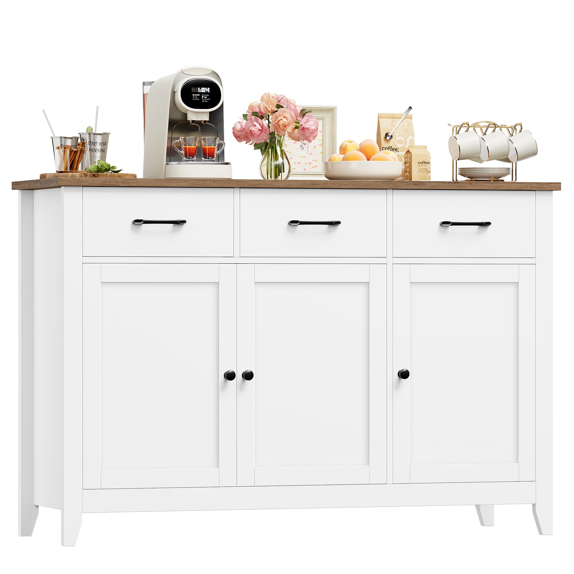 HOCSOK Sideboard, 120cm Wide Kitchen Cabinets with 3 Doors, 3 Drawers & 1 Adjustable Shelf, Modern Sideboard for Living Room, Kitchen, Dining Room, White