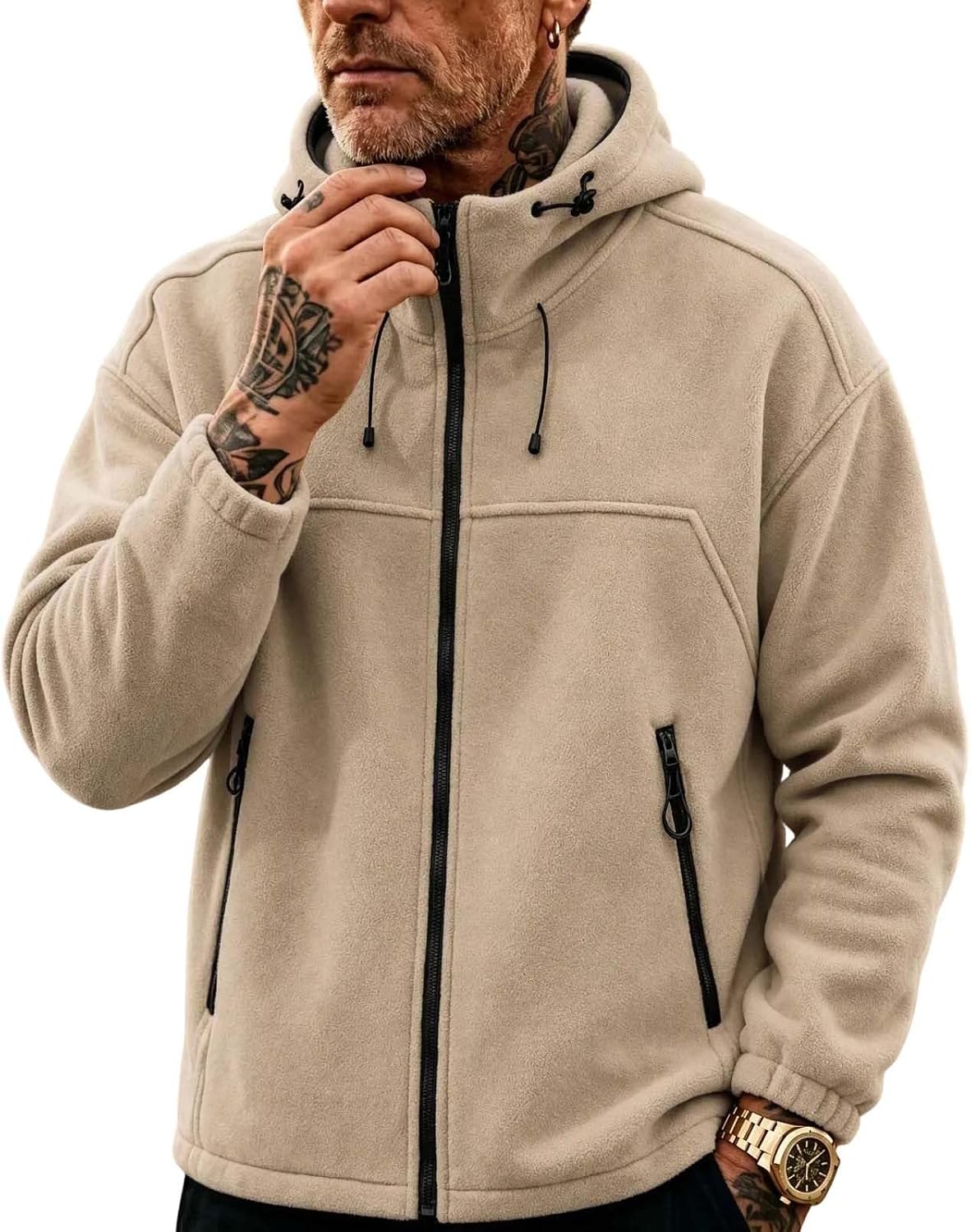 Men's Hooded Fleece Jacket Full Zip Casual Drawstring Outdoor Coat