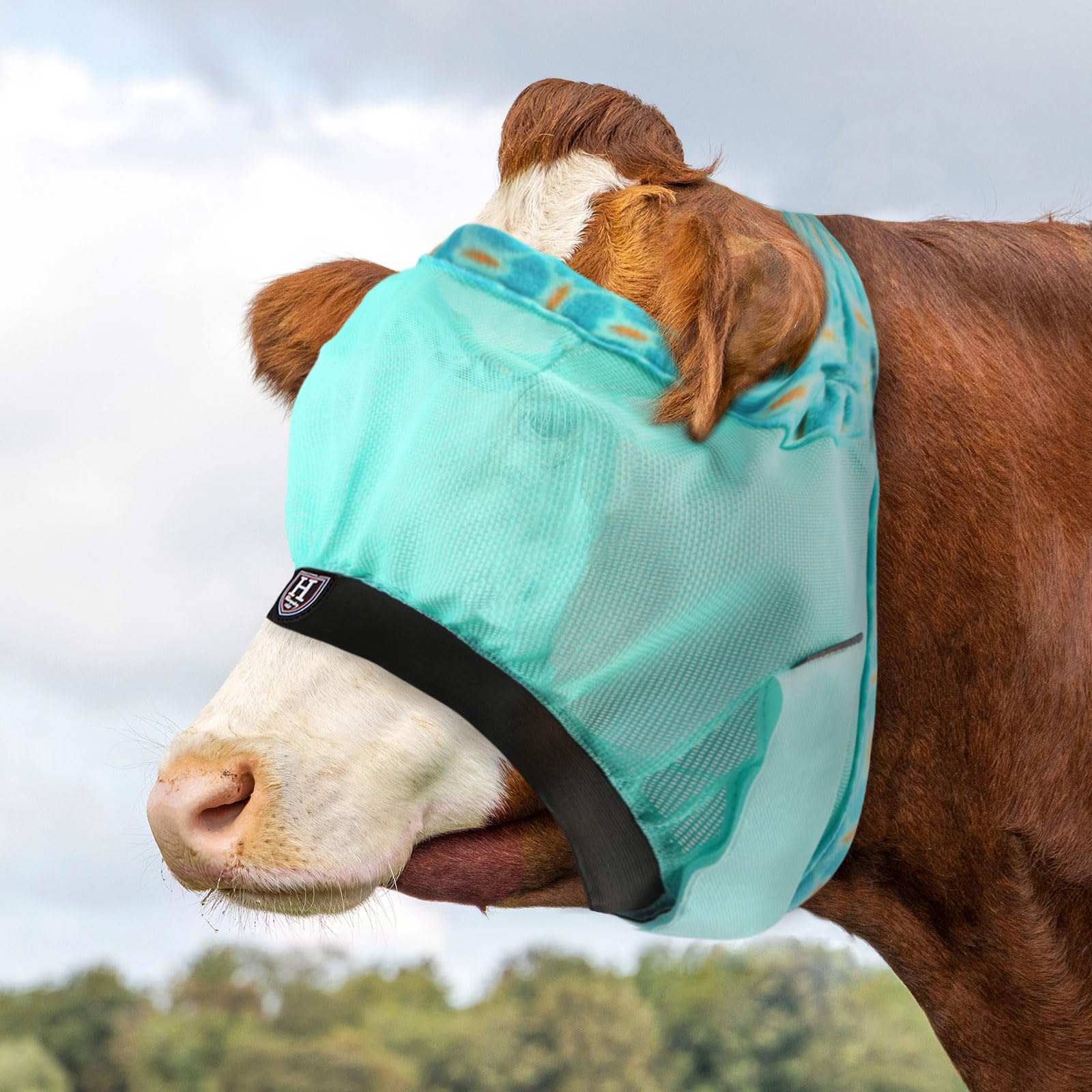 Harrison Howard Cattle Livestock Fly Mask Breathable Mesh Padded Edging with Fun Patterns Large Spacing Forelock Opening Design Adjustable Fit for