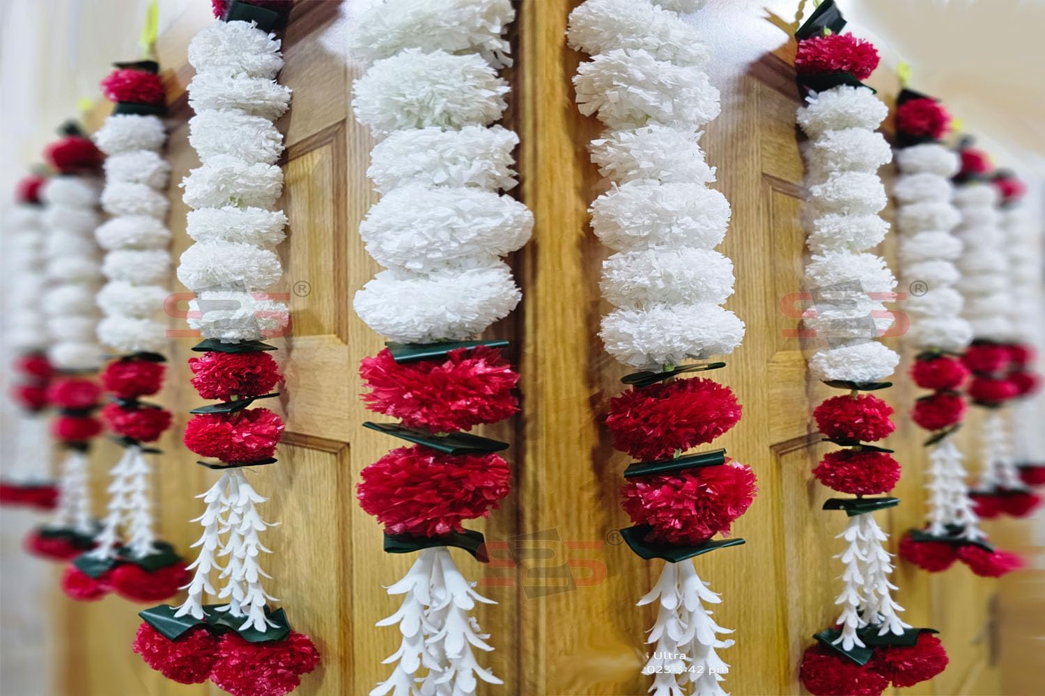 S2S Artificial Marigold Jasmine, Mogra, Green Leaves Tassles Garlands Ladi Strings for Decoration of Home, Balcony, Wall Hangings, Hall | Pack of 5 | (RED White Marigold)(Height - 24 Inch) - Image 4 thumbnail