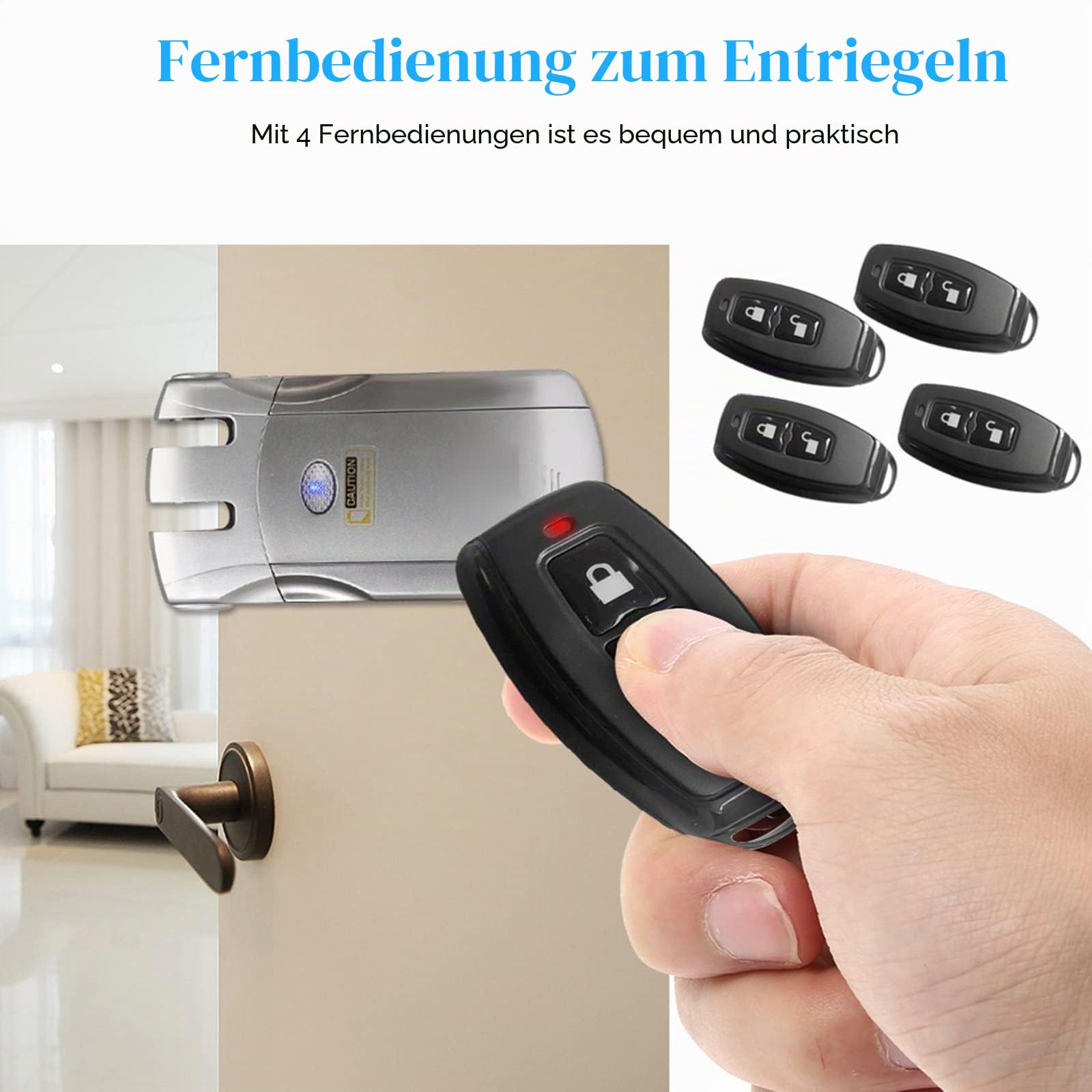 Elektronisches intelligentes Türschloss Set, intelligentes kabelloses Diebstahlschutz Haussicherheits Türschloss, Zinklegierung Metallmaterial, mit 4 Fernbedienungsschlüsseln