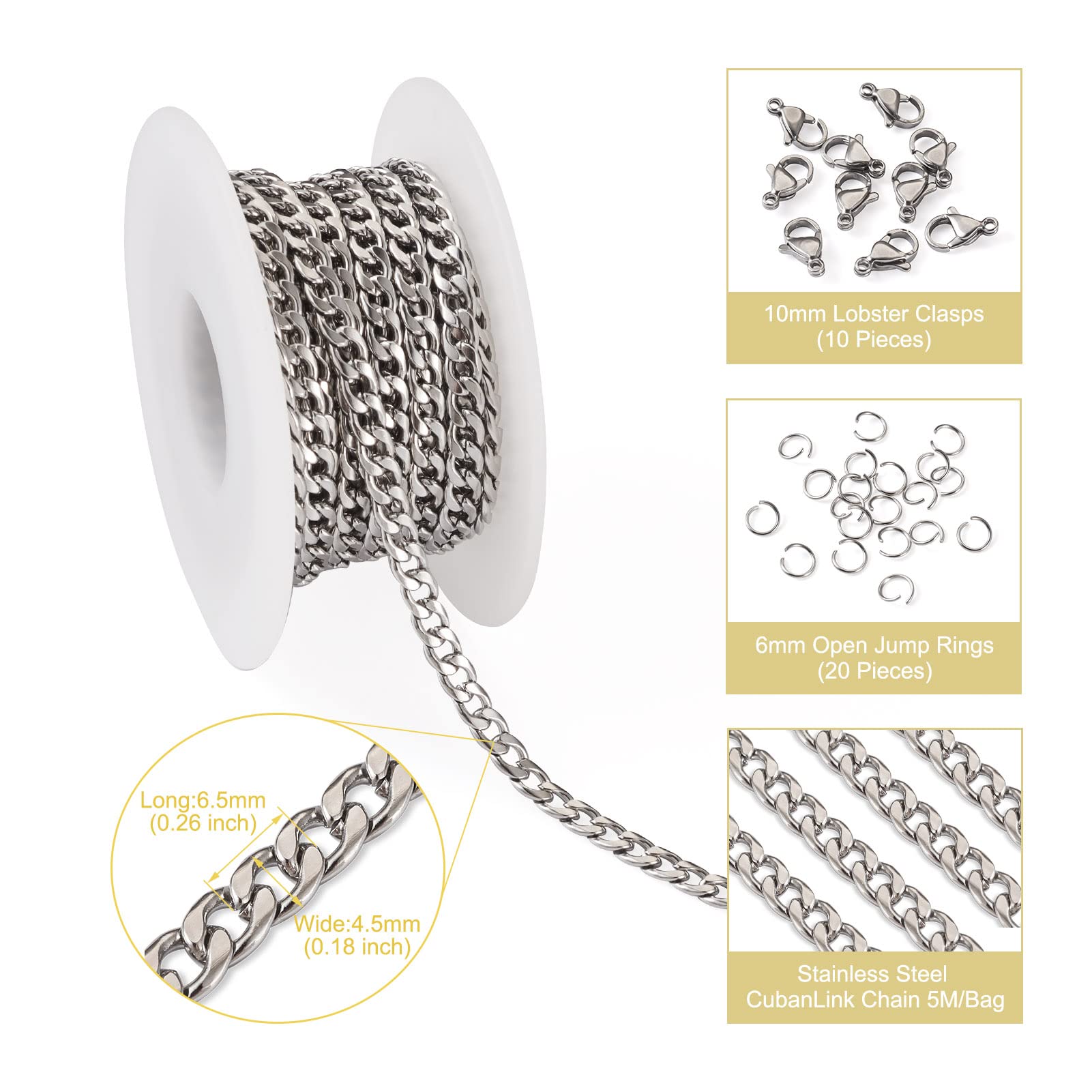 Bestewelry 5m 304 Stainless Steel Twisted Curb Chains Silver Link Chains with 10 pcs Lobster Claw Clasps 20 pcs Jump Rings for Jewelry Making - Image 3