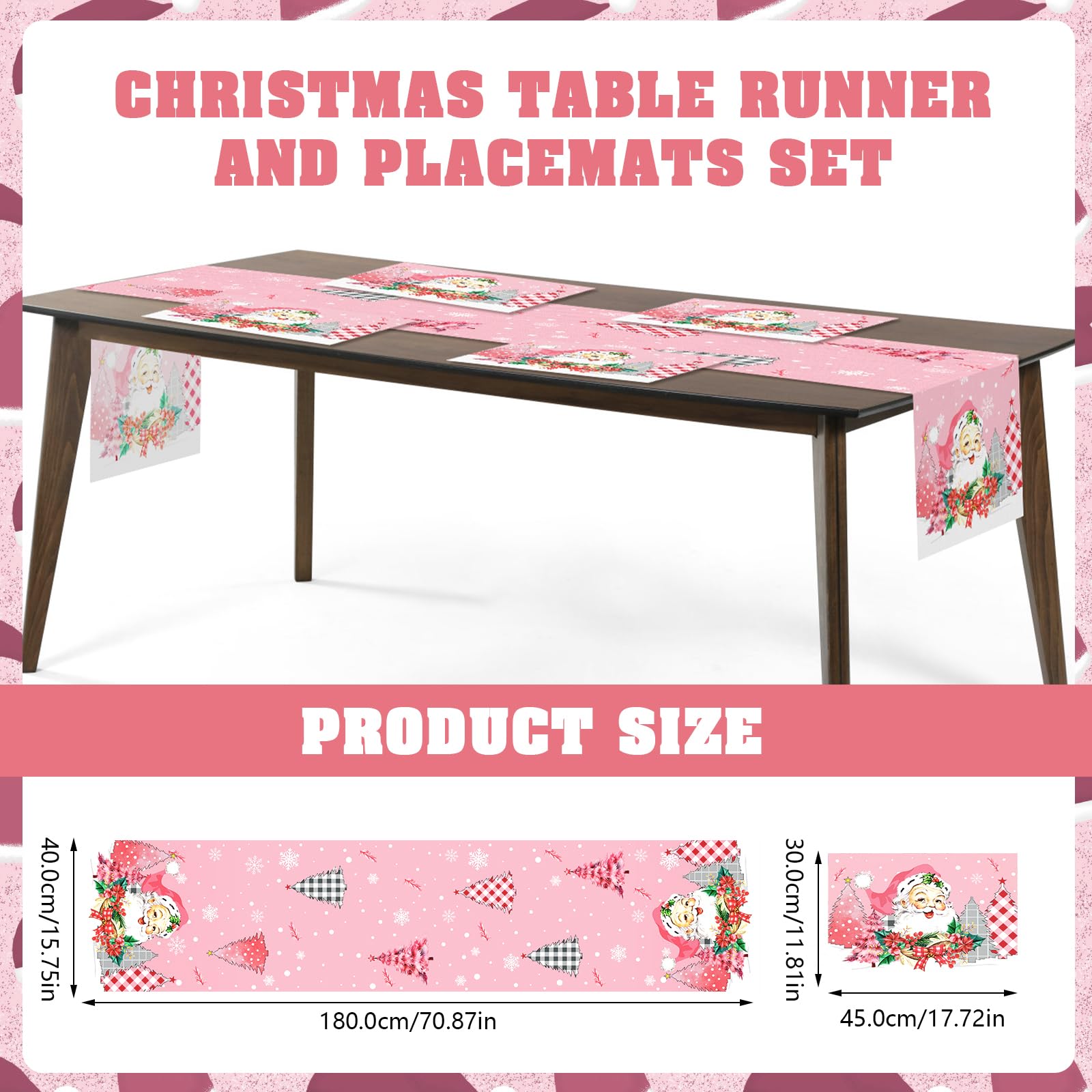 DPKOW Pink Christmas Table Runner Place Mats, Pink Christmas Table Decorations Xmas Table Runner Place Mats Santa Claus Christmas Tablecloth, Pink Christmas Holiday Table Setting, Christmas Home Decor - Image 2