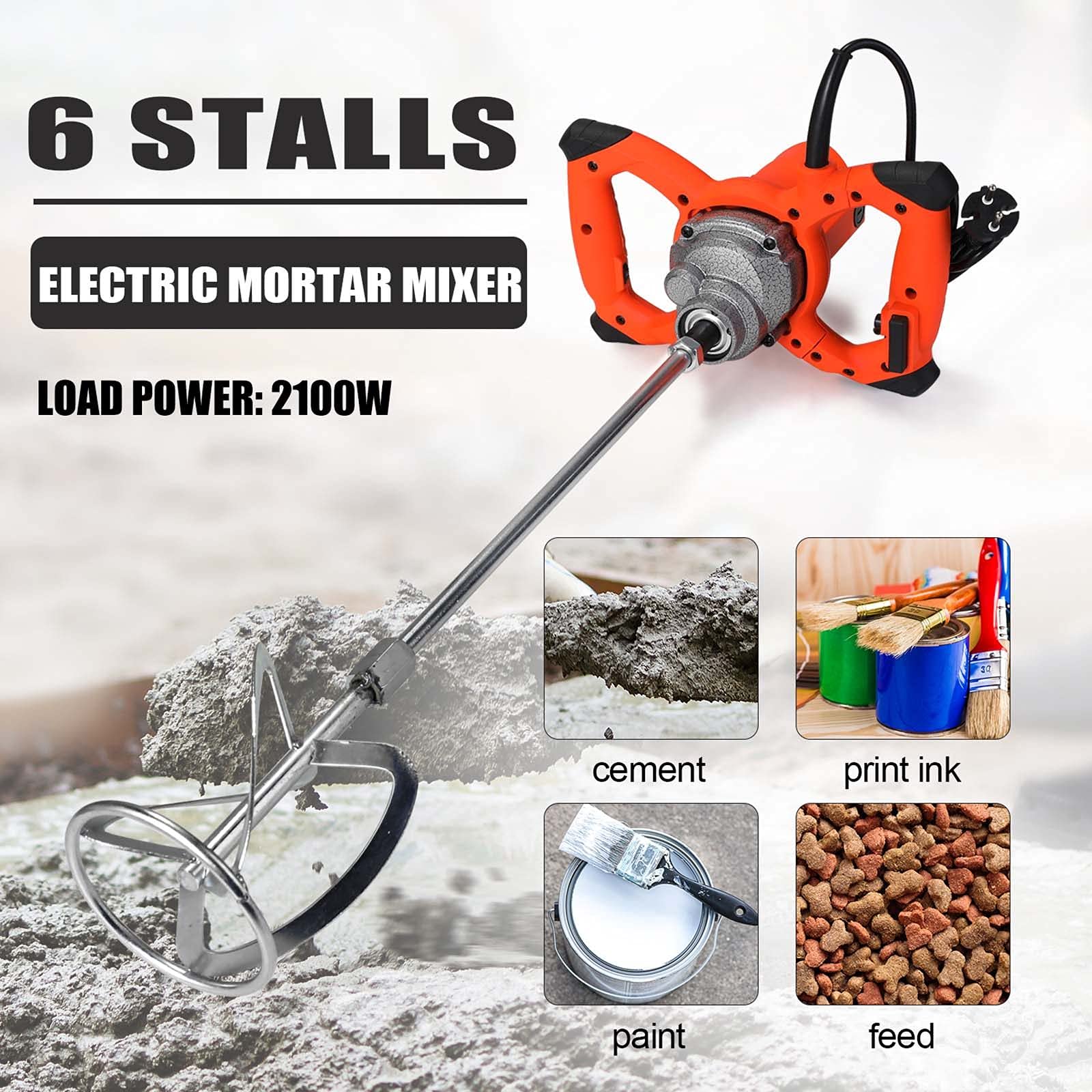Mezclador de Cemento con paletas, 2100 W, Taladro Mezclador eléctrico para Pintura y mortero, 220 V/110 V, 6 velocidades, agitador de Cemento para Yeso, Pintura y mortero