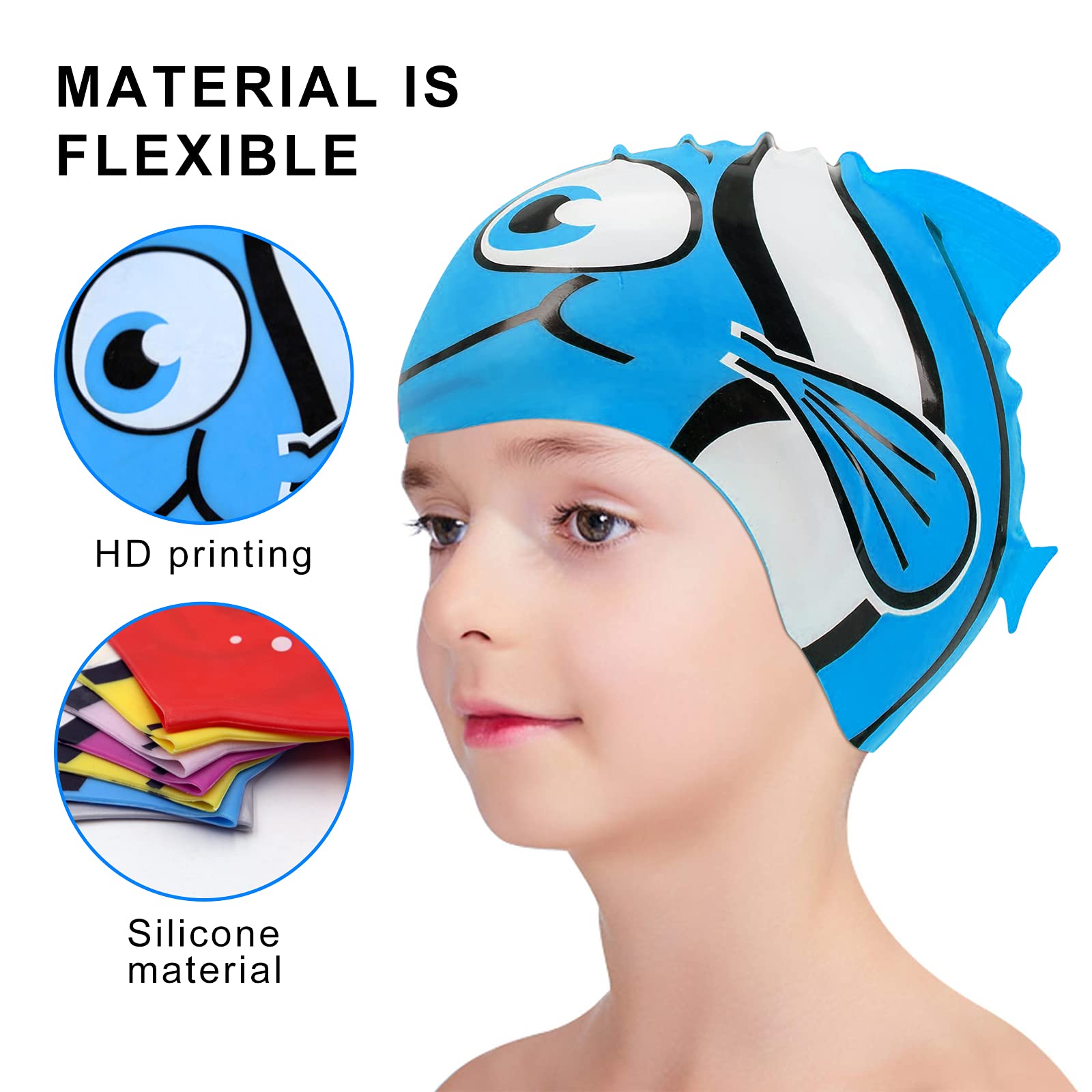 2Packs Kids Cartoon Fish Swim Caps Children Elastic Swimming Hats Silicone Swimming Caps for Girls and Boys Waterproof Stretchy Swim Bathing Caps Keep Hair Clean Dry (1*Blue and 1*Yellow ) 3