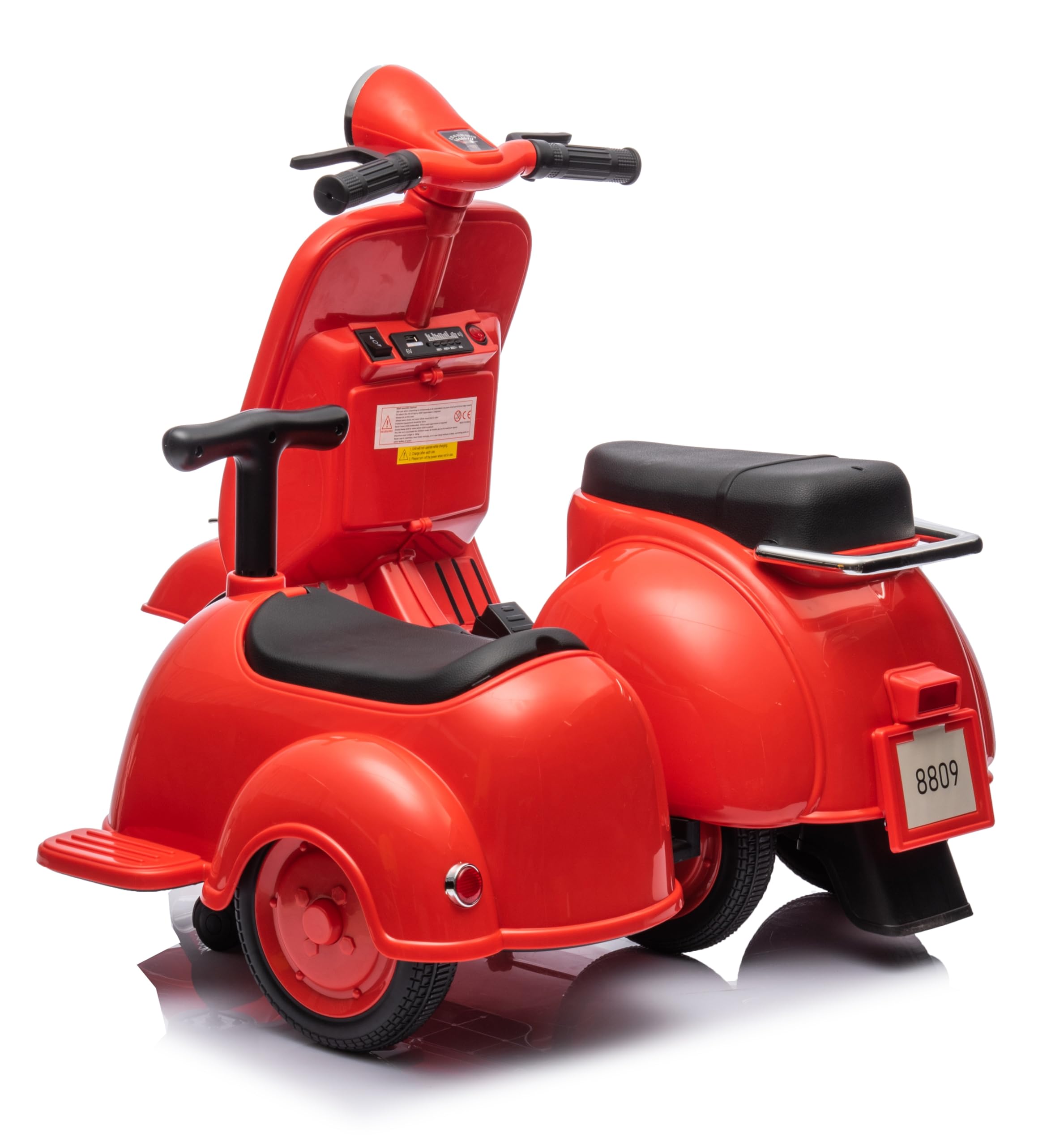 MR J toys&more Piaggio Vespa con Sidecar Small Elettrica 6V per Bambini con USB e luci mp3 Due posti Suoni e mp3 Elettrica (Rosso)