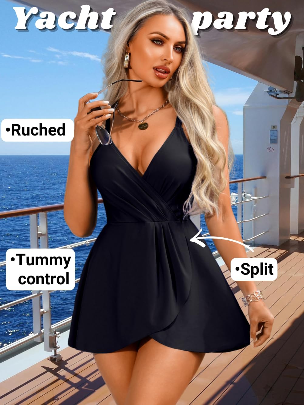 Kaei&Shi Tummy Control Swimdress,Wrap V Neck Skirted Swimsuits for Women,One Piece Modest Bathing Suit