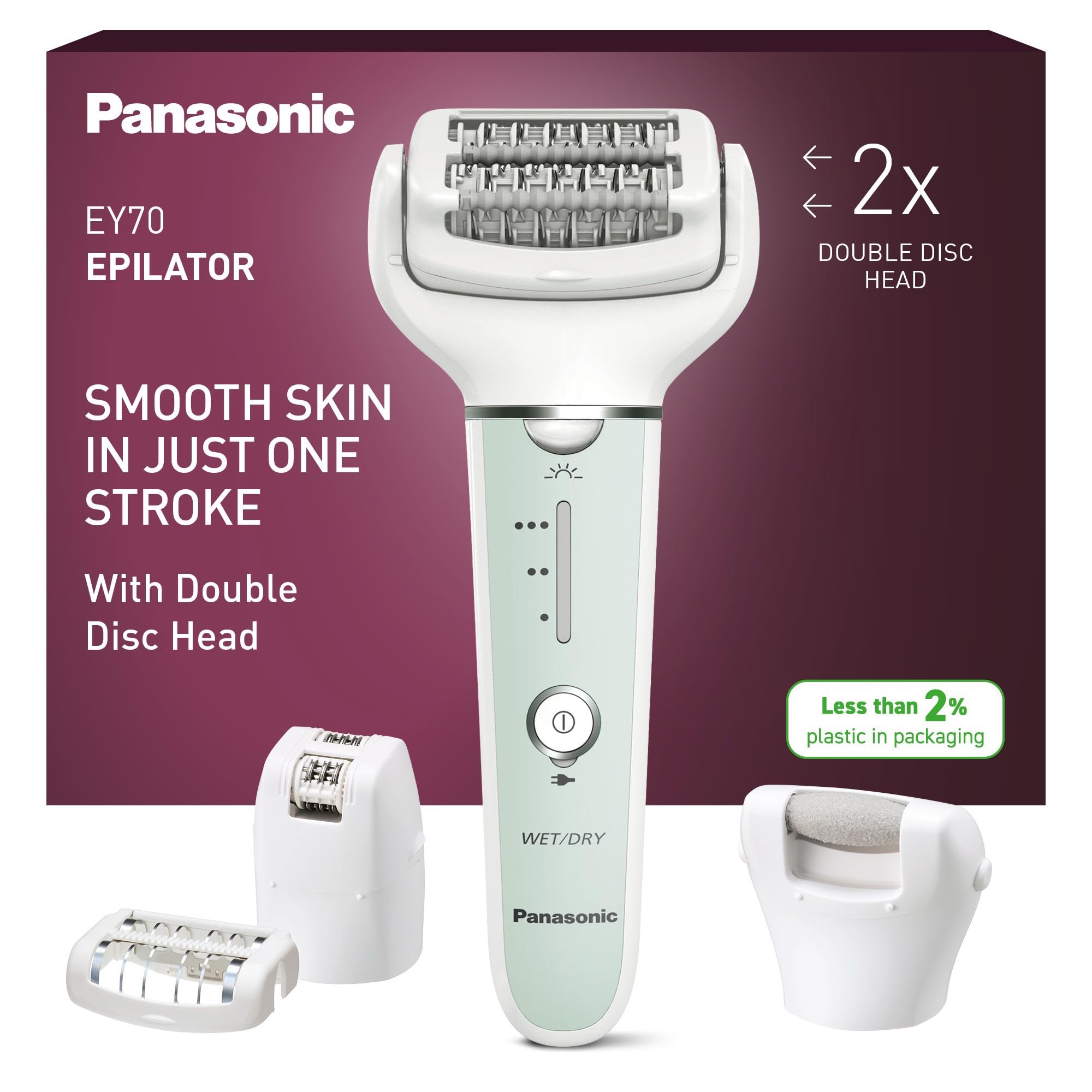 Panasonic ES-EY70 Nass/Trockenepilierer Damen, Dual Disc mit 60 Pinzetten, 90° schwenkbarer Kopf, 3 Geschwindigkeiten & LED-Licht, 30 Min. Betrieb, kabellos, Haarentferner, Fußpflegekopf.