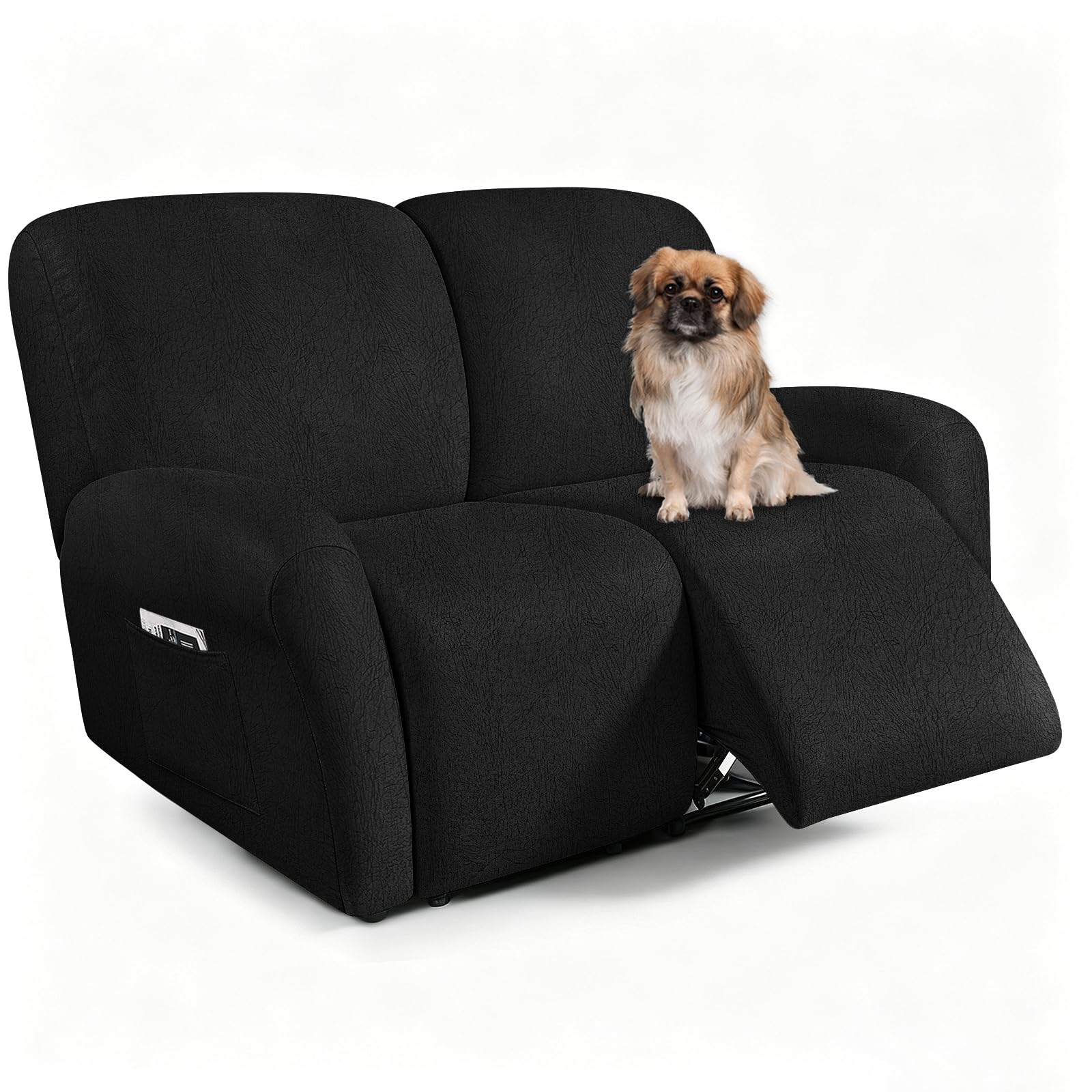 ANARACHON Leather Look Loveseat Recliner Covers Stay in Place 6-Piece Recliner Sofa Slipcover 2 Seater Reclining Couch Cover Furniture Protector Spandex Fabric Washable (Recliner Loveseat,256Black)