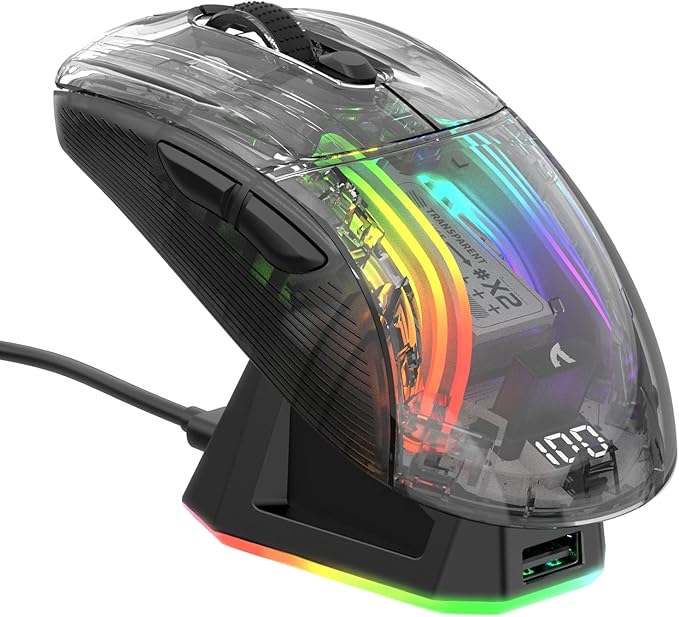 ATTACK SHARK X2 Pro Mouse Gaming Wireless con Station di Carica, Guscio Trasparente, Mouse Bluetooth RGB Ricaricabile Silenzioso a Tre modalità(BT5.0/2.4G/Tipo C) PixArt 3212, 4000 DPI, PC/MAC, Nero