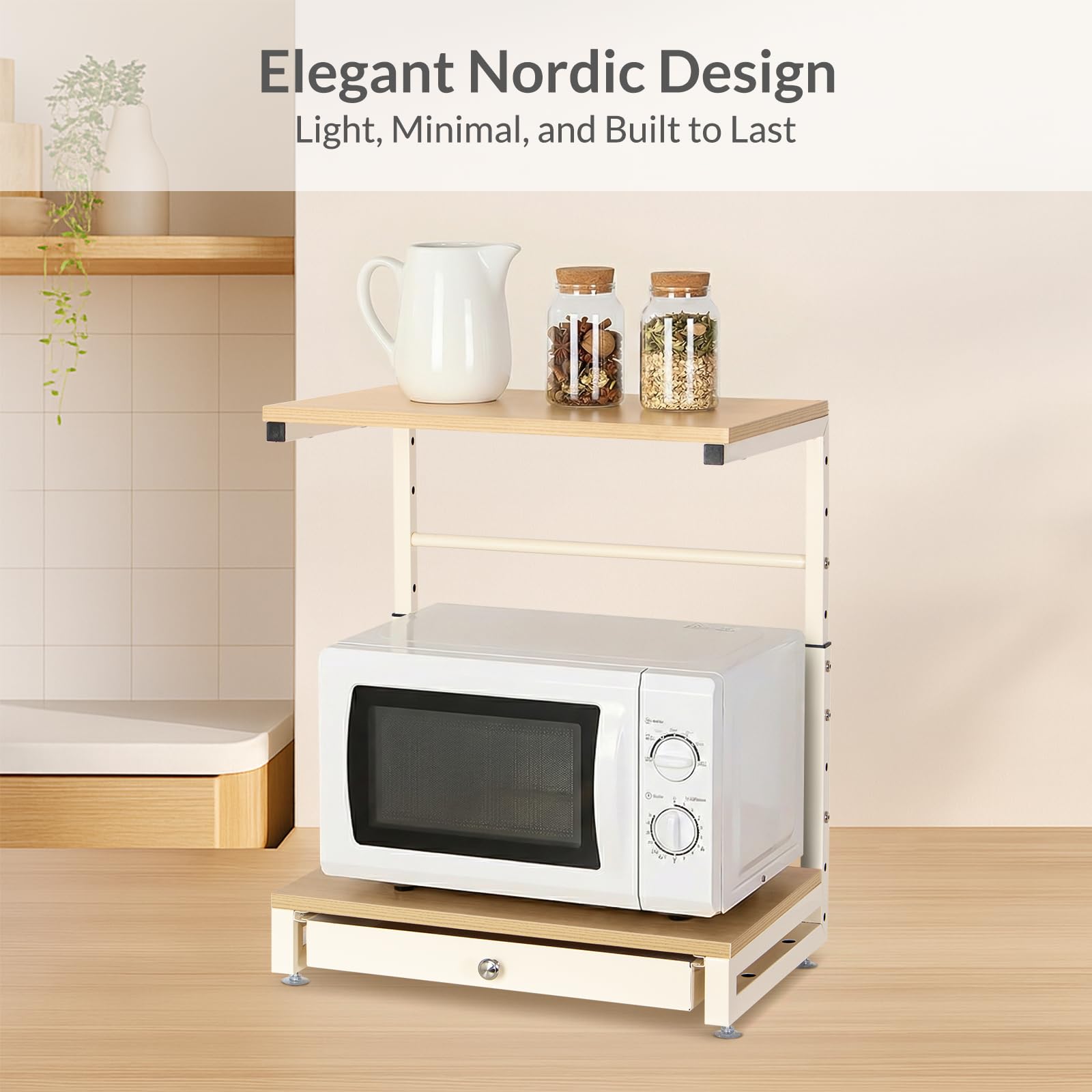 Todeco Verstellbares Mikrowellenregal, Mikrowellen Küchenregal Organizer | cremeweiß 2 stufiges mit Schublade, Platzsparendes Küchenregal, individuell höhenverstellbar 35–62 cm