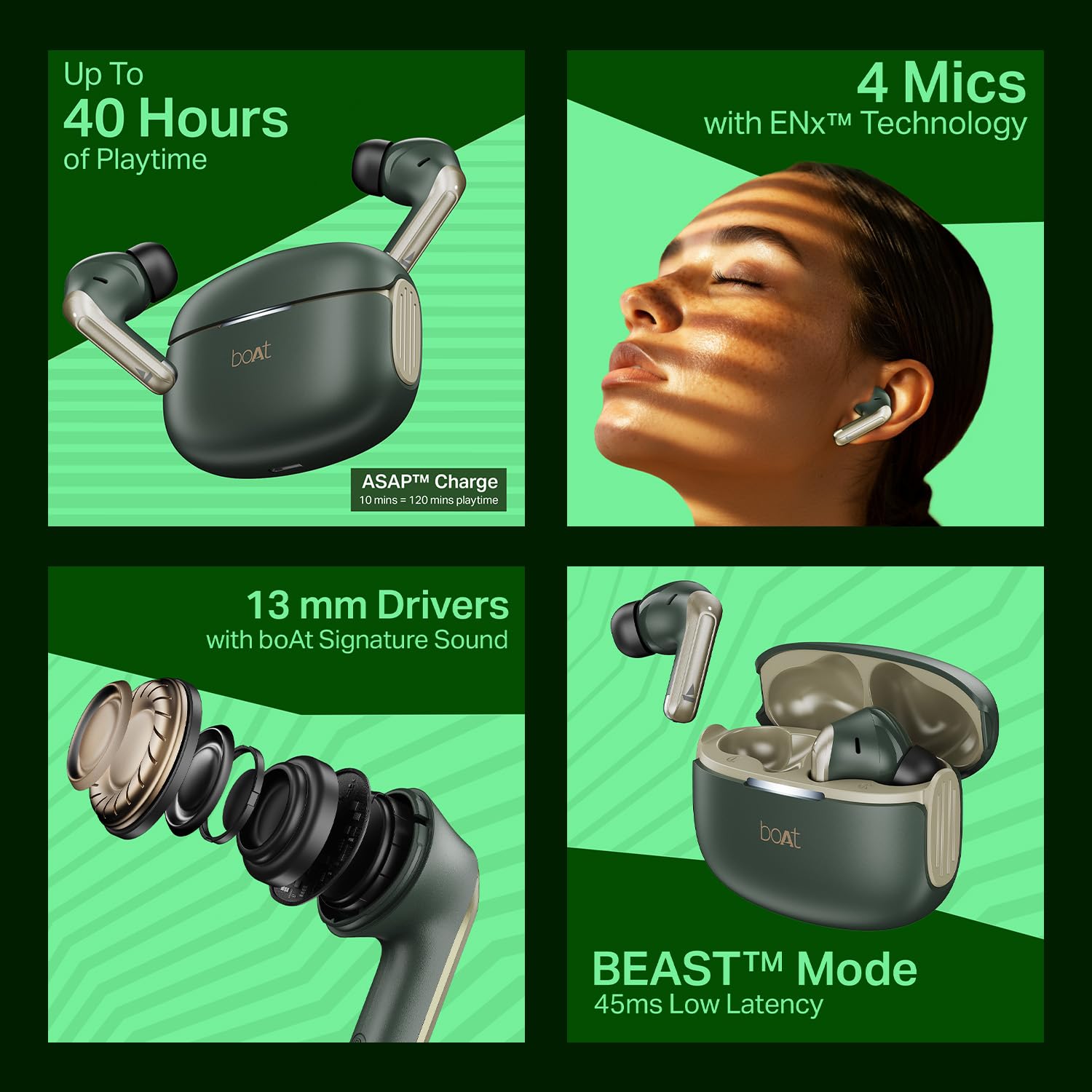 Boat Airdopes 219, 4Mics ENx, 40H Battery, Best in Segment for Calling, Stream Ad Free Music via App Support, Bluetooth Earbuds, TWS Ear Buds Wireless Earphones with mic (Forest Sage) 1