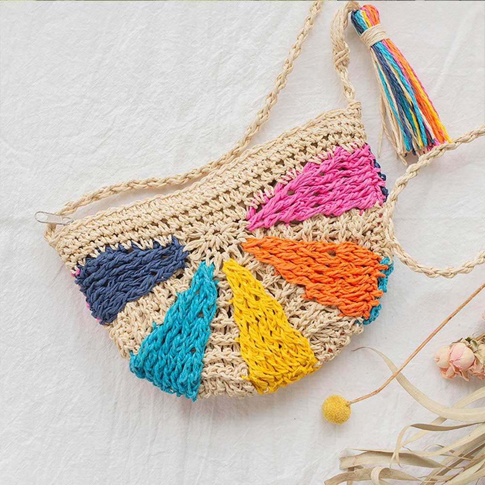 Boho Women's Summer Beach Colorful Straw Crochet Zipper Crossbody Bag Handwoven Shoulder Bag Purse with Colorful Tassels Decorate