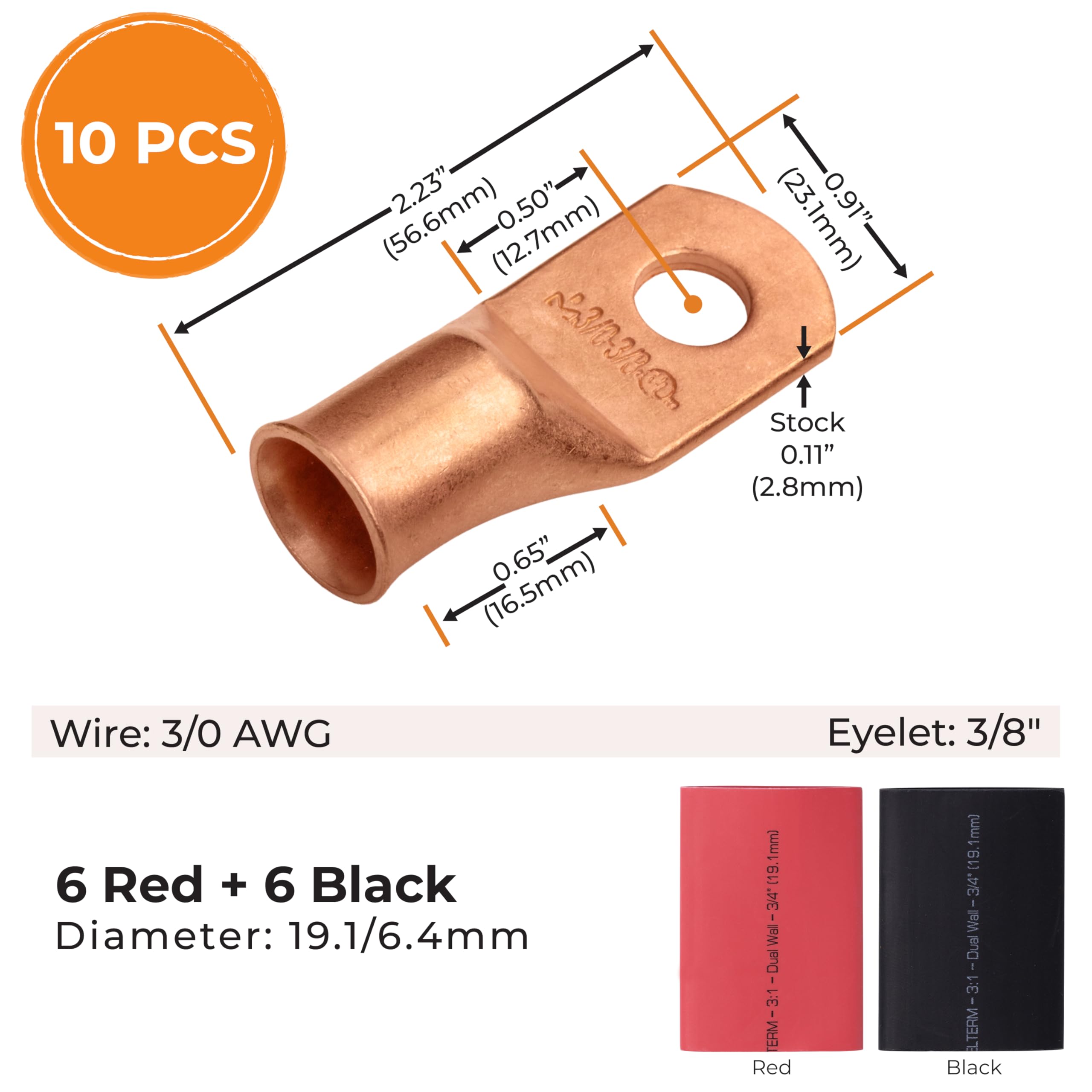 SELTERM 10 pièces - 3/0 AWG - Boulon 3/8" - Bornes de batterie - Connecteurs de bornes à anneau | Avec 12 tubes thermorétractables 3:1 noir et rouge avec adhésif | extrémités de câble de