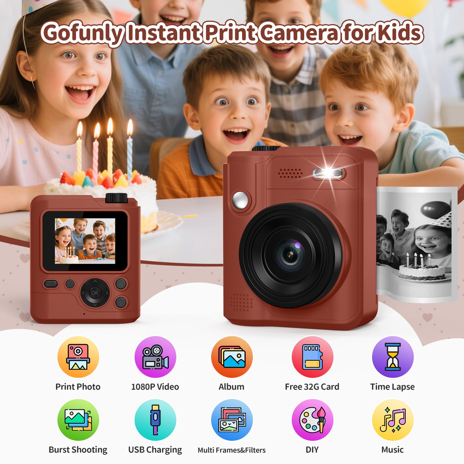 Gofunly Kids Camera Instant Print, 1080P Digital Camera for Kids with 32GB Card & 5 Print Paper Rolls - Image 2