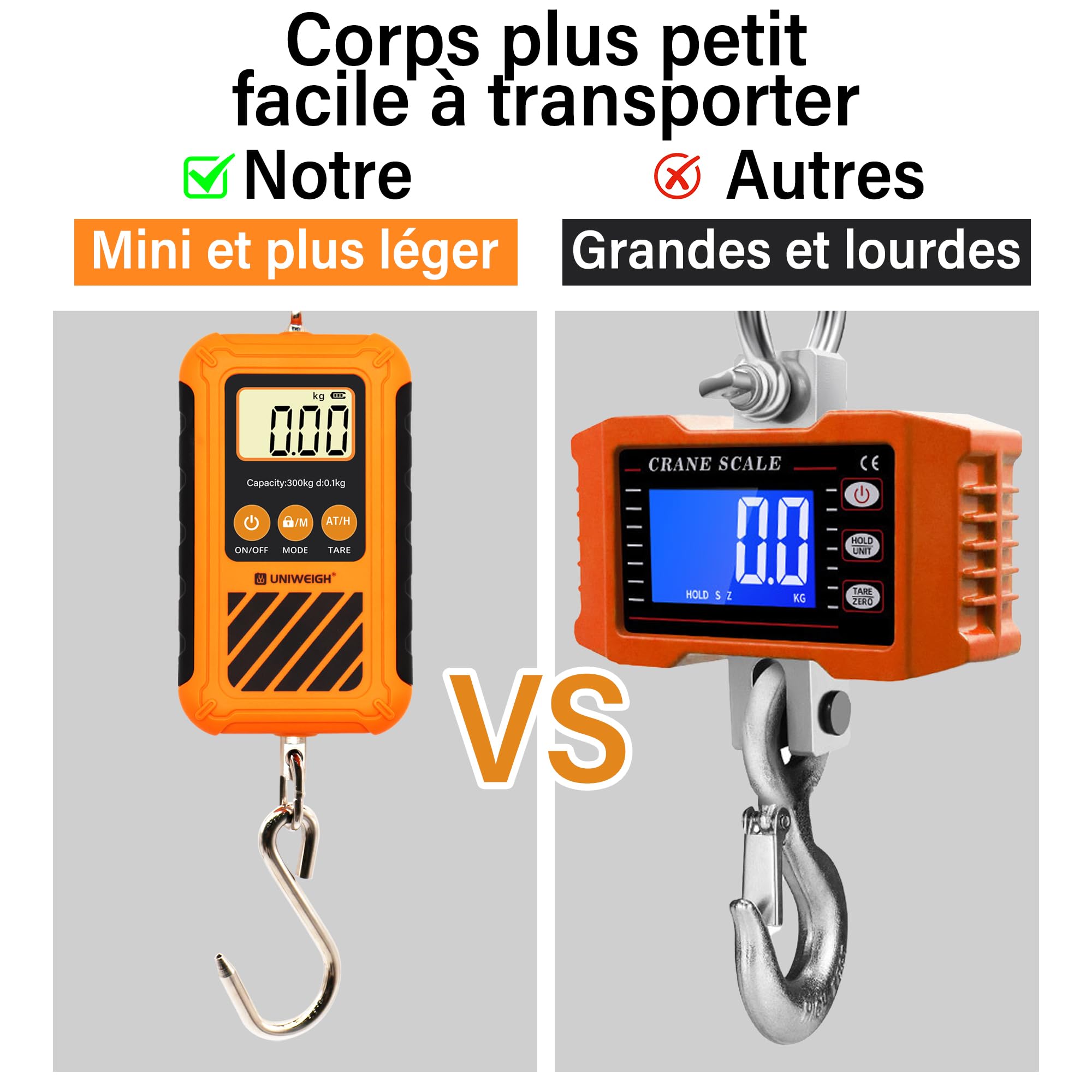 UNIWEIGH Numérique Balance à bagages,300KG/660LB Mini balance à grue,Postale suspendue avec écran LCD,Portable à main&Grand crochet,Échelle de cerf avec Hold&Tare,pour Garage Farms Chasse Pêche