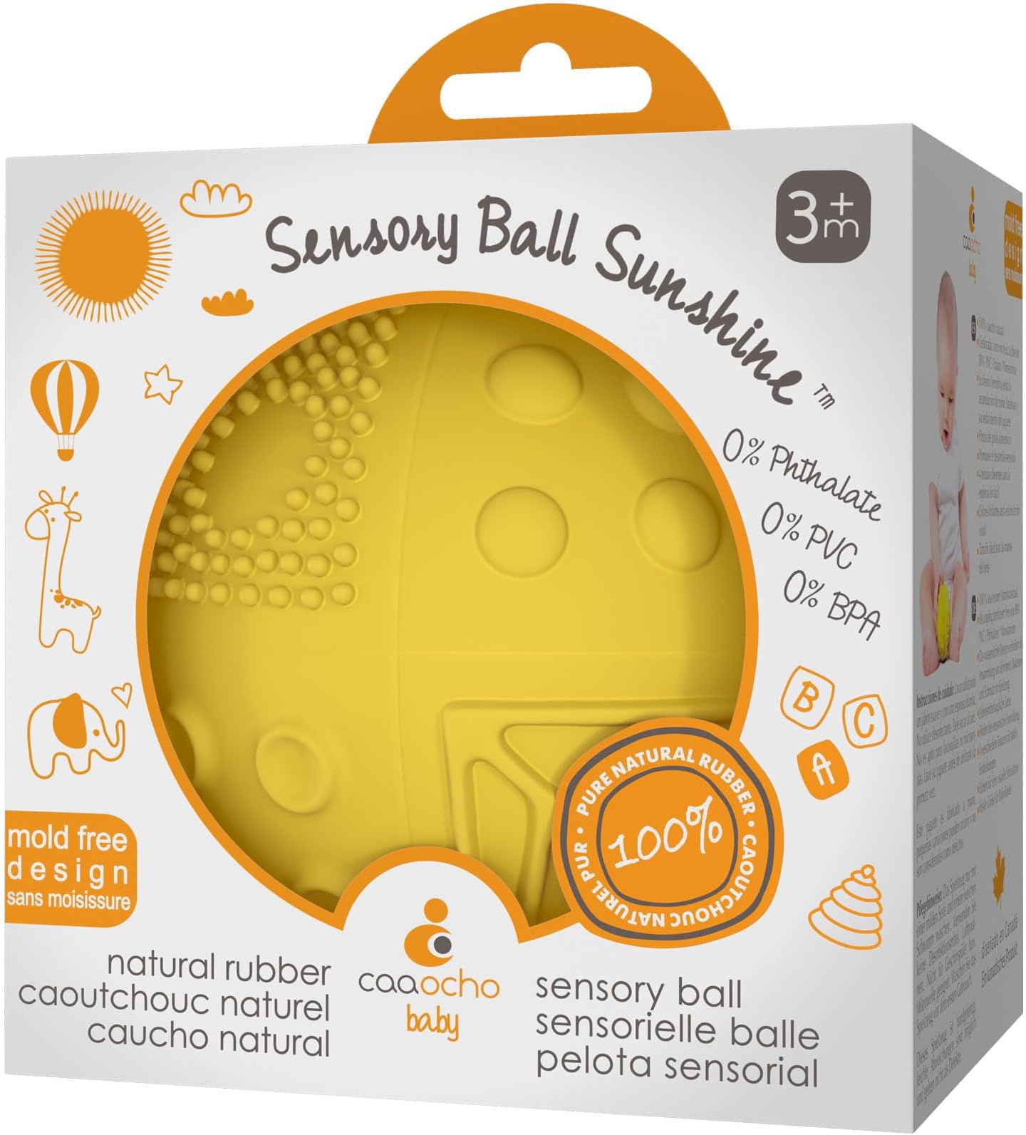 caaocho Pure Natural Rubber Sensory Ball Sunshine 3" - Sealed Hole, BPA Free Baby Ball Toy, for Sensory Play, for Sensory Development, Hole Free Baby Toy, Perfect Bouncer, Without Hole