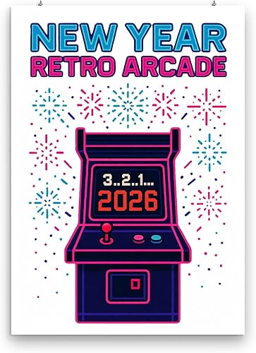 Retro 80s Arcade Art Poster - Pixel Fireworks New Year Countdown - Gloss Paper Finish - Gaming Room Decor