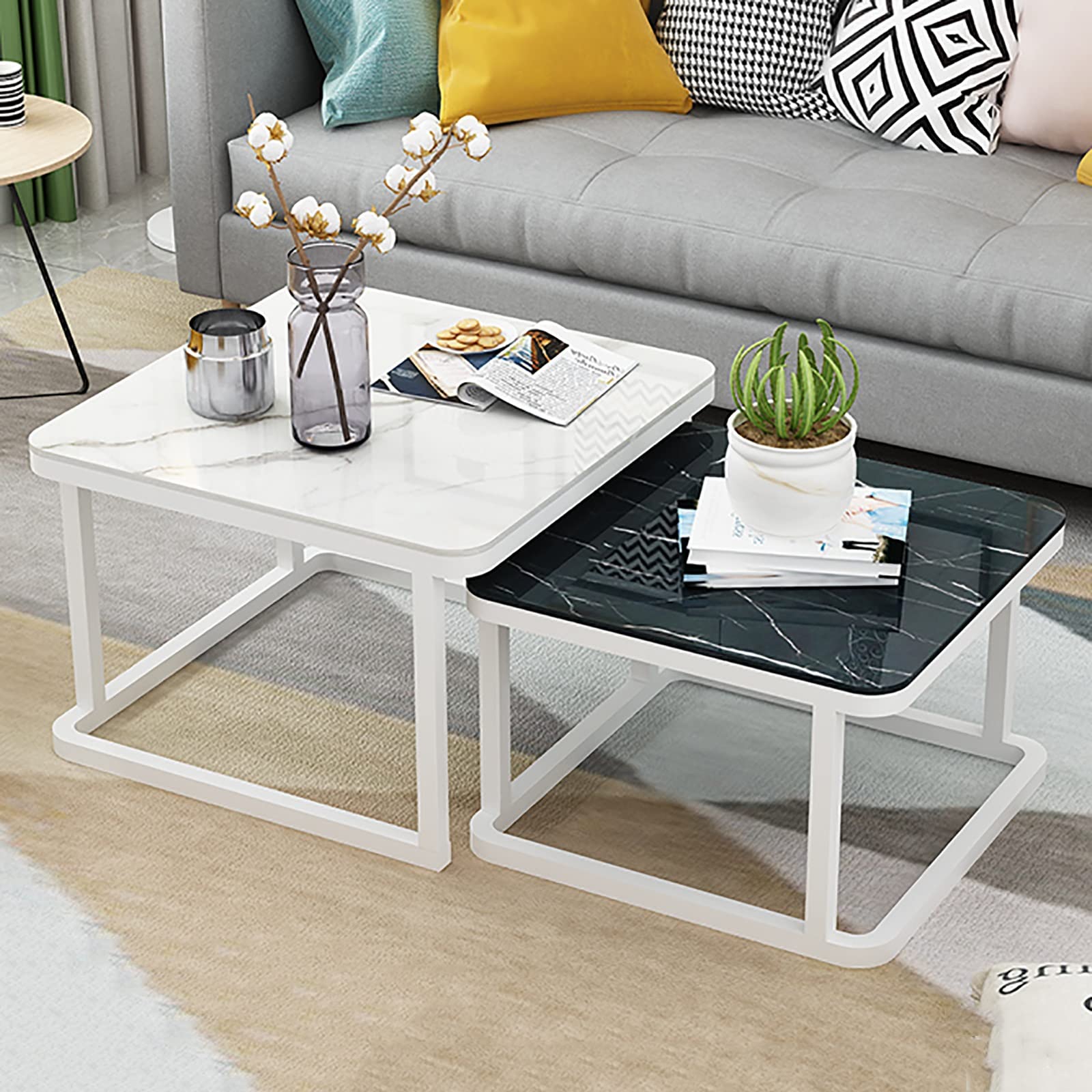 Table basse gigogne salon avec table d'appoint empilable en verre trempé effet marbre blanc