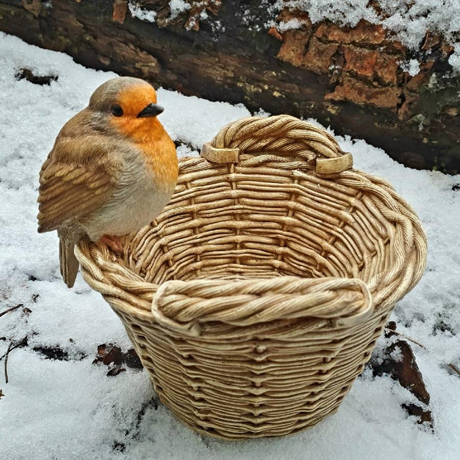 Robin on Basket Bird Feeder | Resin Bath Home Garden Ornament Gift British Bird