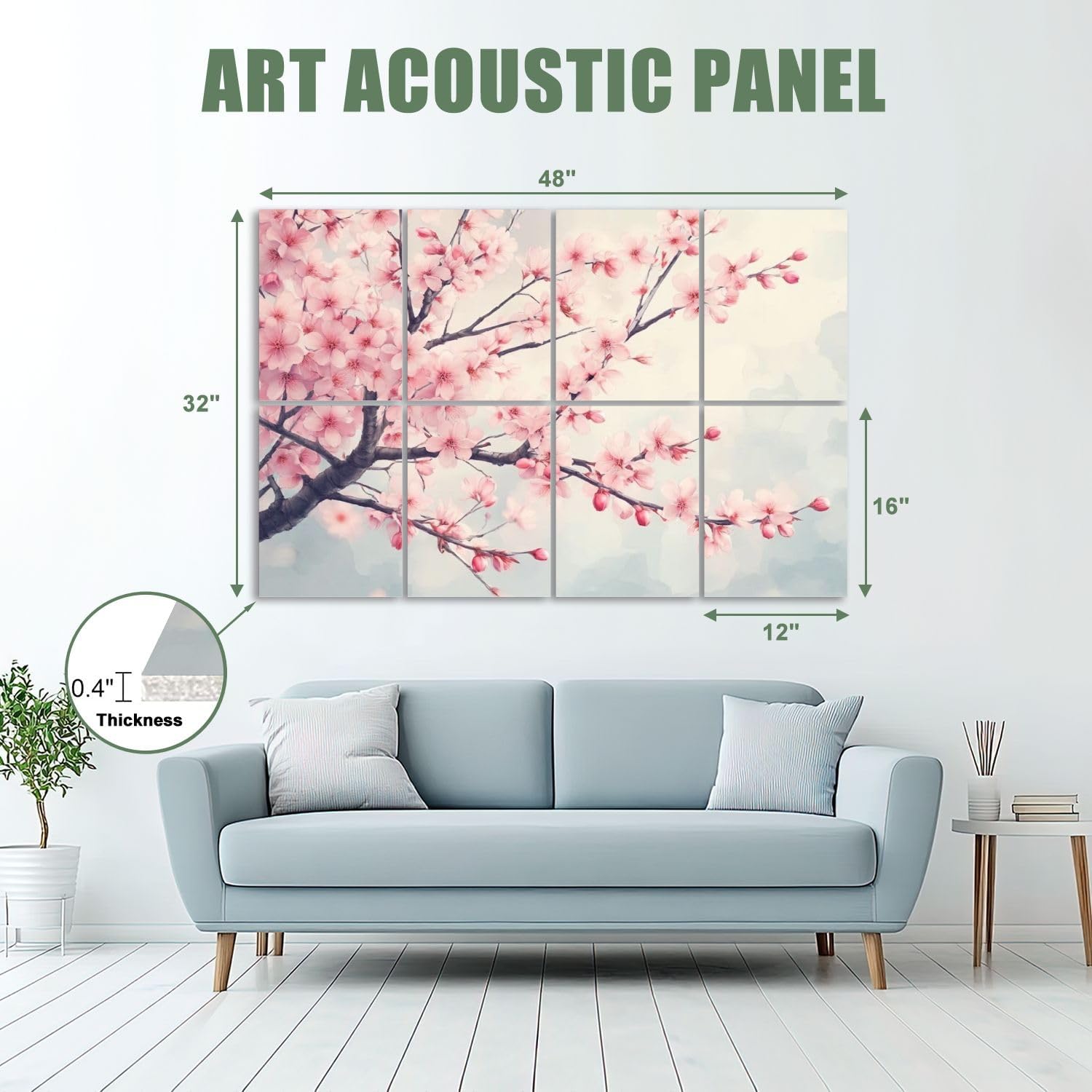 8 Pack Art Acoustic Panels Sound Absorbing Cherry Blossom Pink Flowers Moon Nature Landscape Symmetrical Circular Decorative Soundproof Wall Panels Self Adhesive for Recording Studios Office 48"x32"