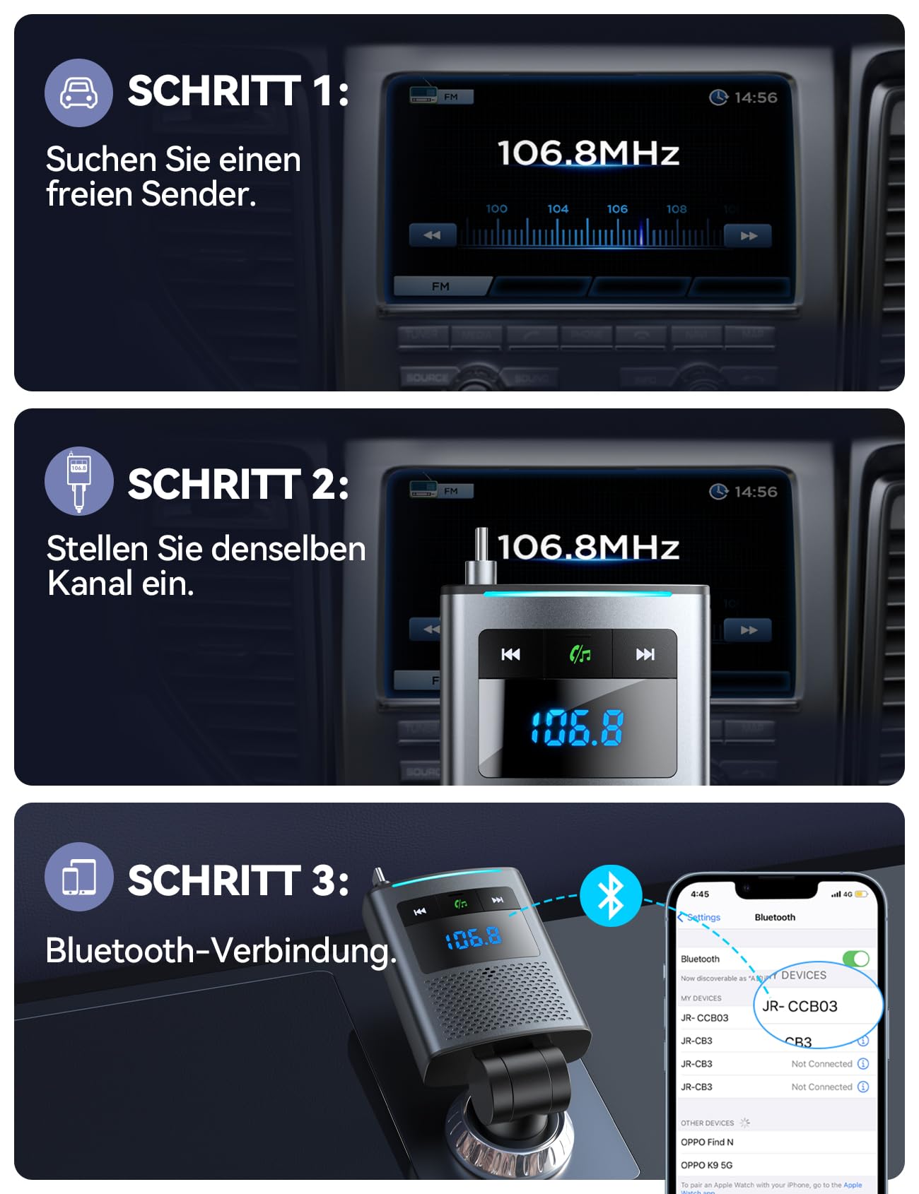 JOYROOM 90W Transmetteur FM Bluetooth Voiture,【100cm Rétractable Câble】 2026 Allume Cigare USB C & Autoradio Bluetooth 5.4 avec Kit Mains Libres, Accessoire Voiture Interieur pour iPhone 17