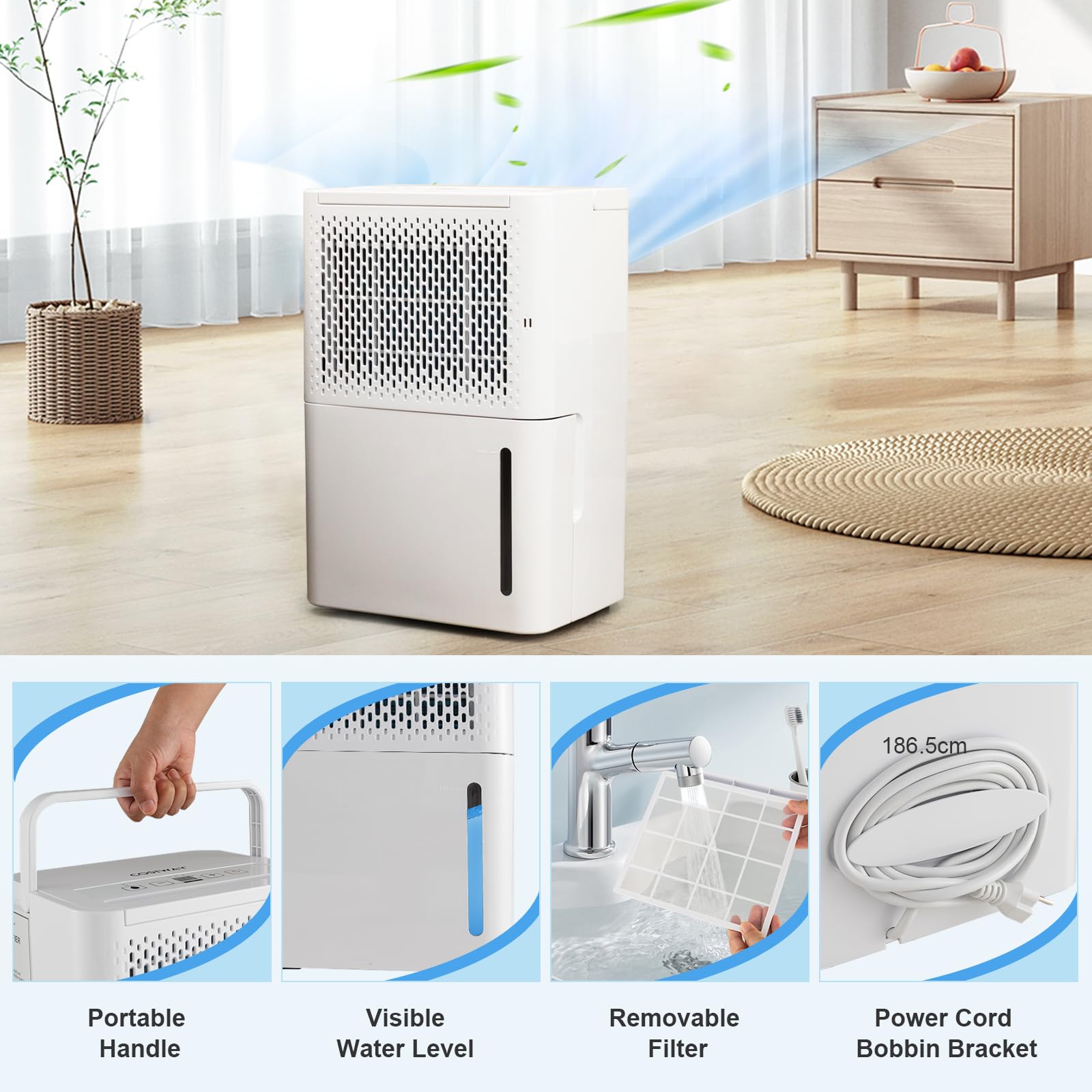 SOARS Deumidificatore 12L/24H, Deumidificatore Elettrico Mobile a 3 Modalità, con Timer 24 Ore, Spegnimento Automatico, Sbrinamento, Display LED, per Appartamenti, Cantine