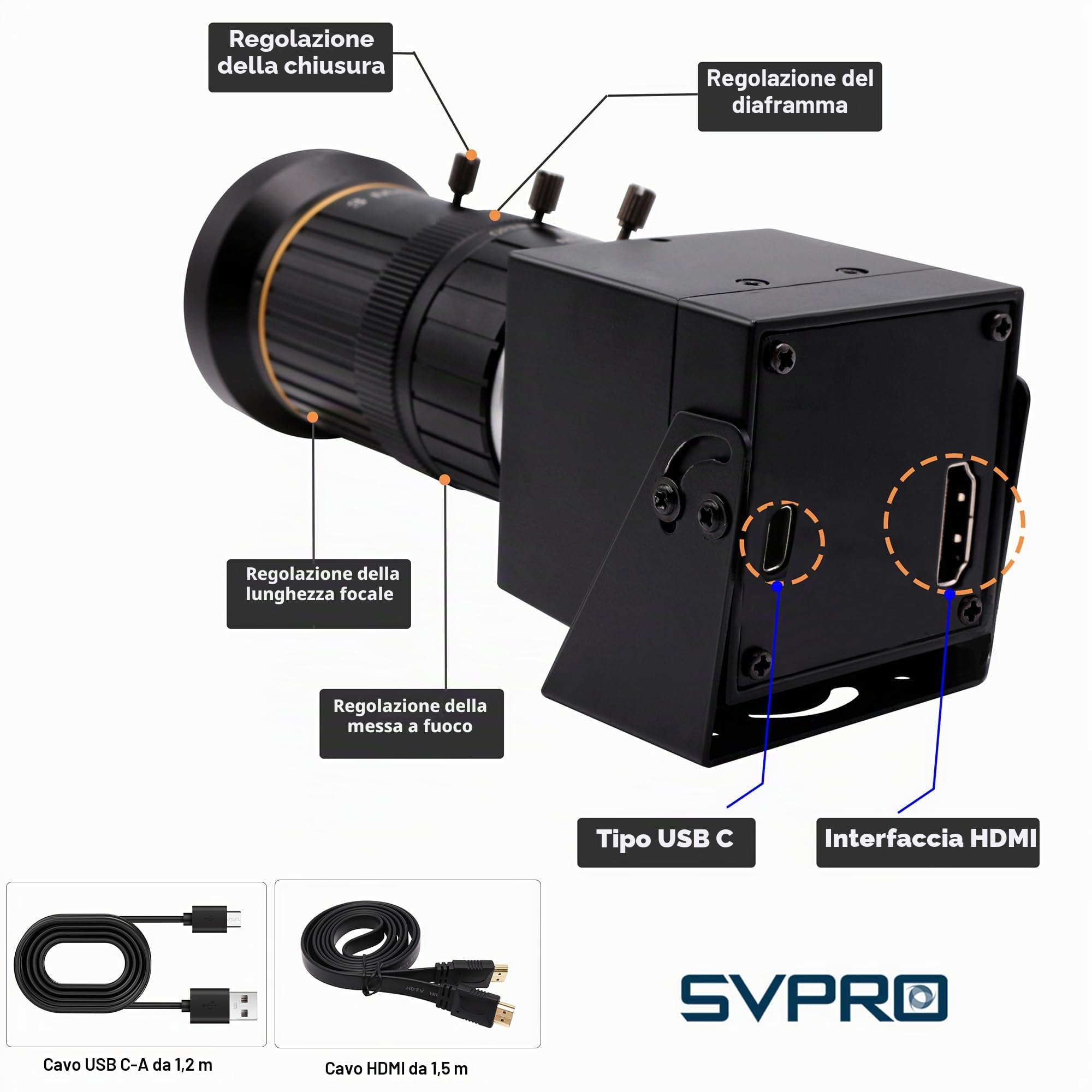 Svpro Telecamera HDMI 4K USB Streaming Webcam con 5-50 mm Telephoto Zoom Obiettivo Messa a fuoco manuale Telecamera industriale H.264 H.265 CS Mount 10X zoom ottico fotocamera per PC, computer
