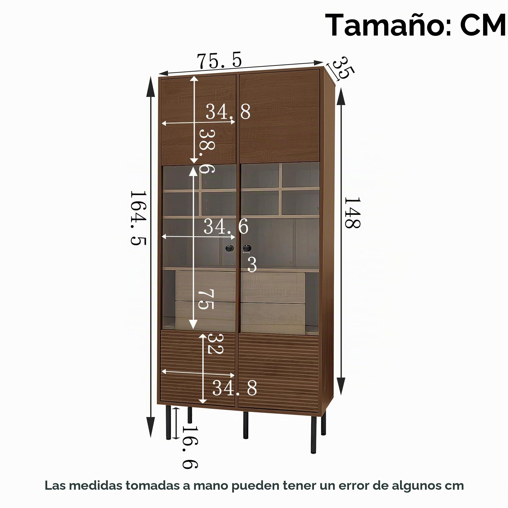 Vitrina con varios estantes en acabado nogal: frontal de cristal + estantes + cajón oculto. Solución de almacenamiento versátil para baño/salón/oficina
