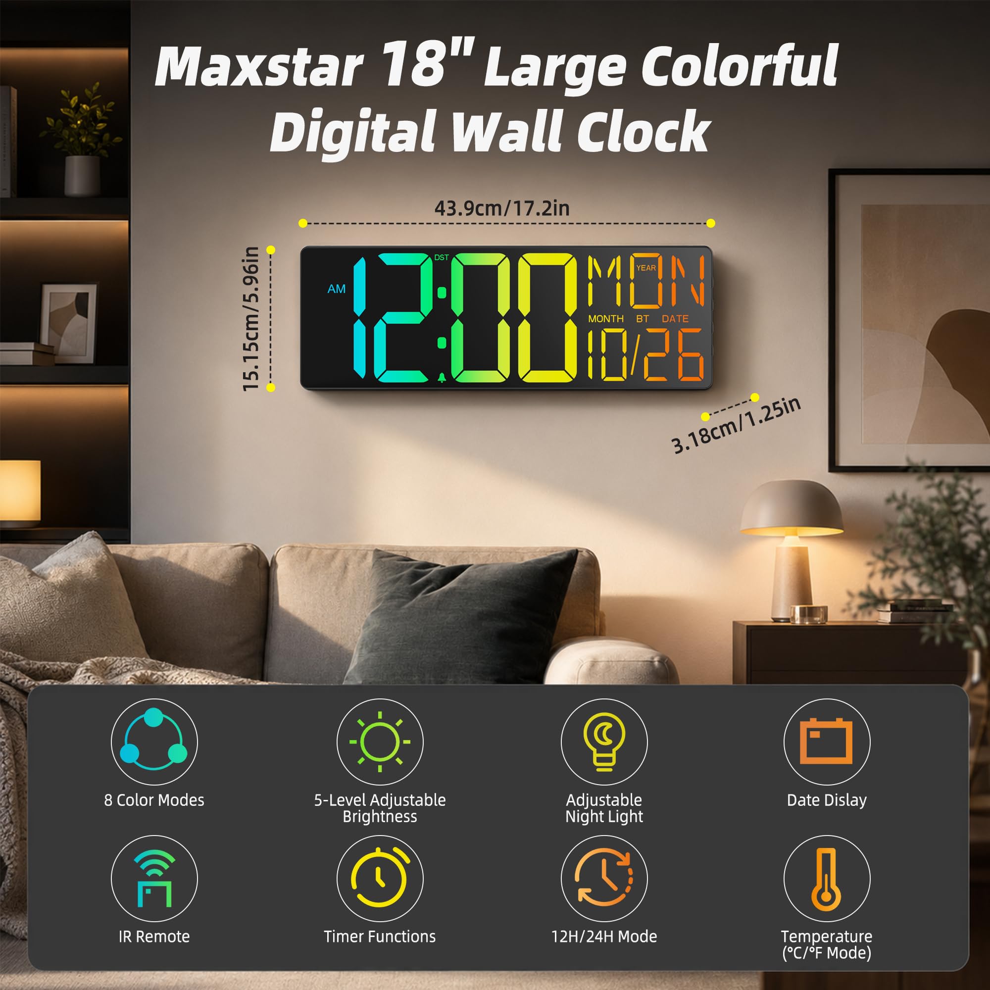 Maxstar Orologio da Parete 18" Digitale con Telecomando, Temperatura/Data, Timer Conto alla Rovescia, Formato 12/24H, Grandi Cifre Ultra Leggibili, per Soggiorno, Cucina, Camera, Ufficio (Nero)