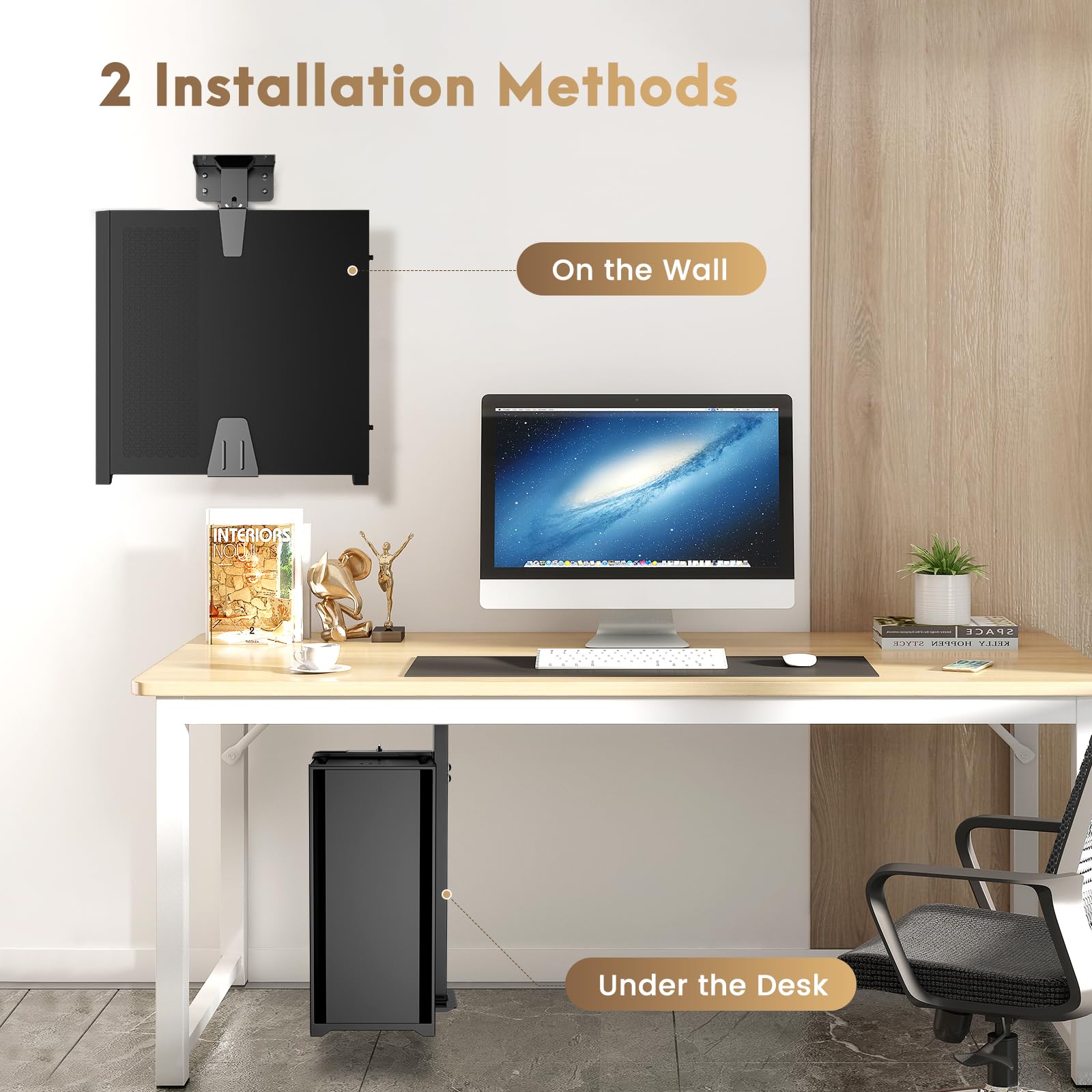 Soporte para PC debajo del escritorio, soporte de CPU ajustable con rotación de 360°, capacidad de carga de 15 kg/33 libras, 2 opciones de montaje (negro)