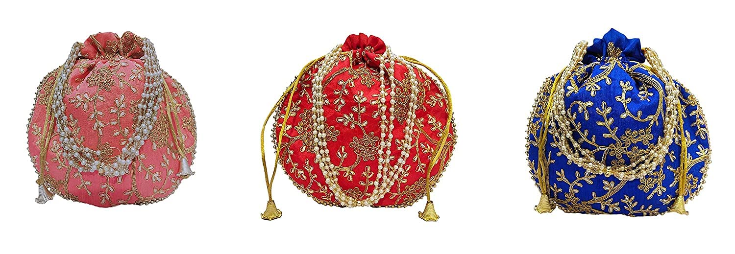 ATHZ 3 Pcs Multi-Colored (Pink,Red,Blue) Potli bags Combo for women handbags traditional Indian Wristlet with Drawstring Ethnic Embroidery Women Fashion Potli (B0B598SVN5) Amazon Price History, Amazon Price Tracker
