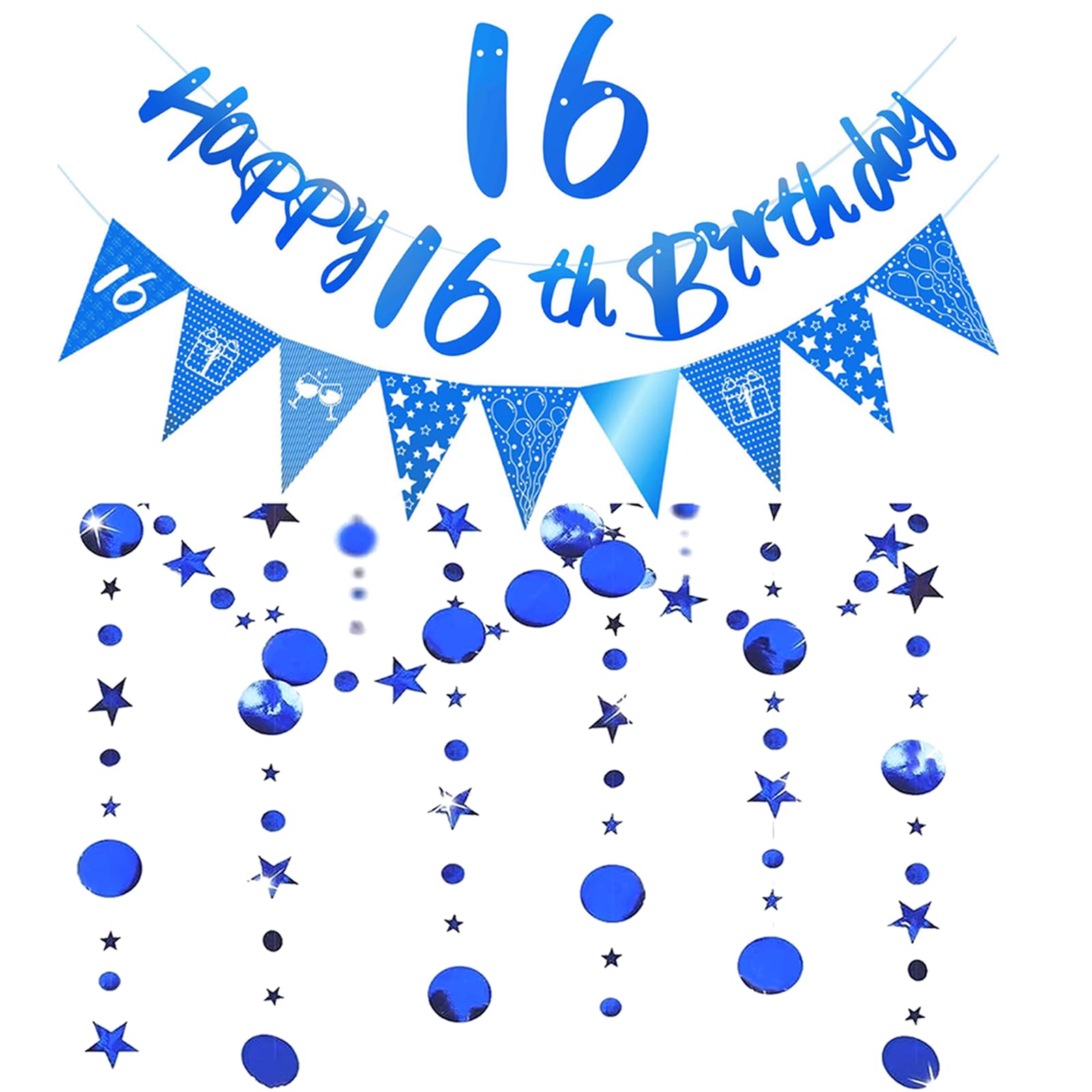 Qwrqwr 16th Birthday Decorations for Boys Double Digits Happy-birthday Banner and Sparkling Star Moon Flower Hanging Garlands for 16 Years Old Party Supplies
