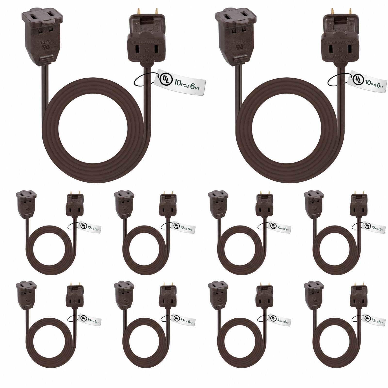 Kanayu 20 Pack Brown 6 ft Indoor Extension Cord 2 Prong Electric Cord Extender, Wire Plug in and End, Ac 120 Volts, for Outdoor Christmas Connect or Extend