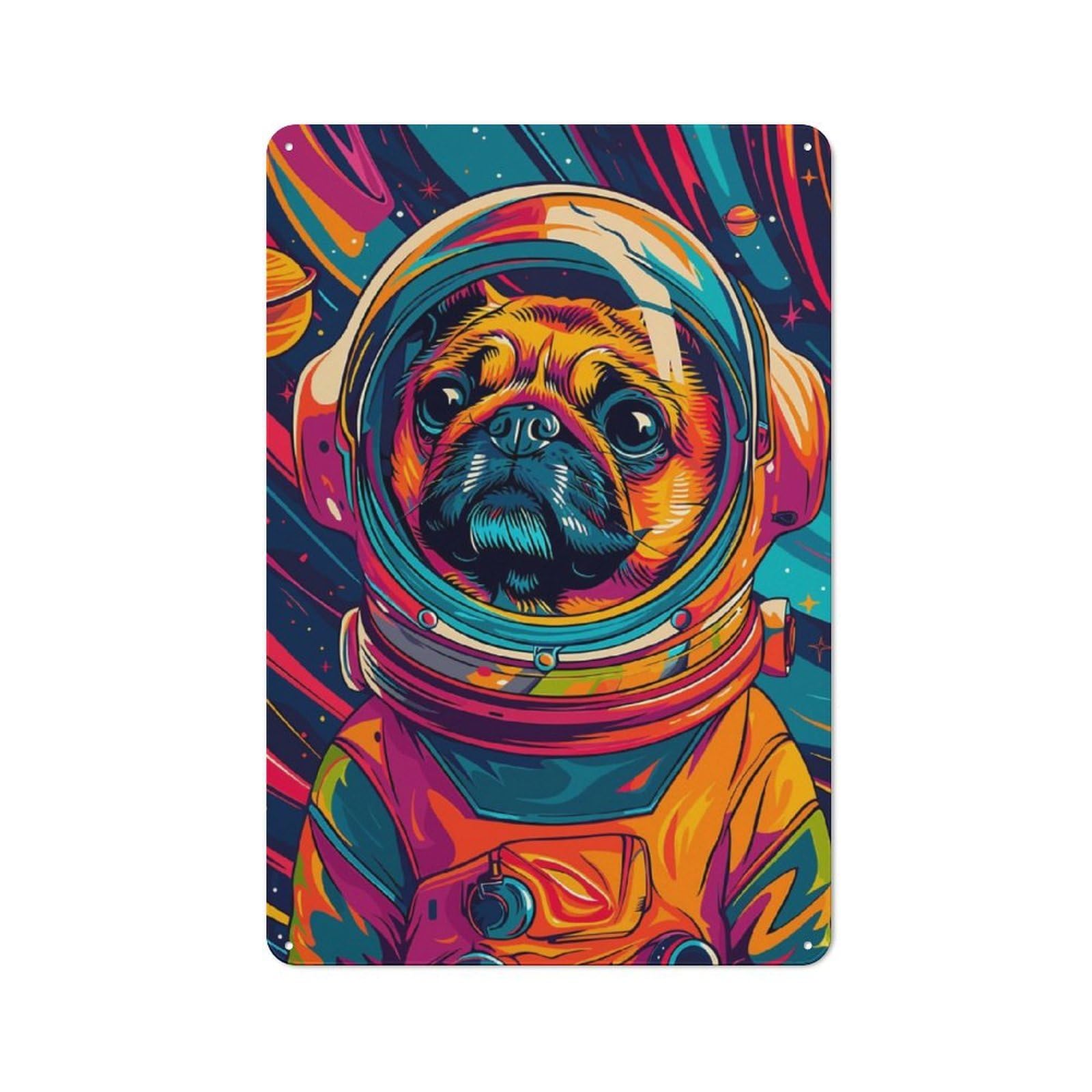 Junmoney Astronaut Pug Space Animal Retro Metal Sign 30X20cm For Garden Room Or Summerhouse, For Garden Room Decor Fans