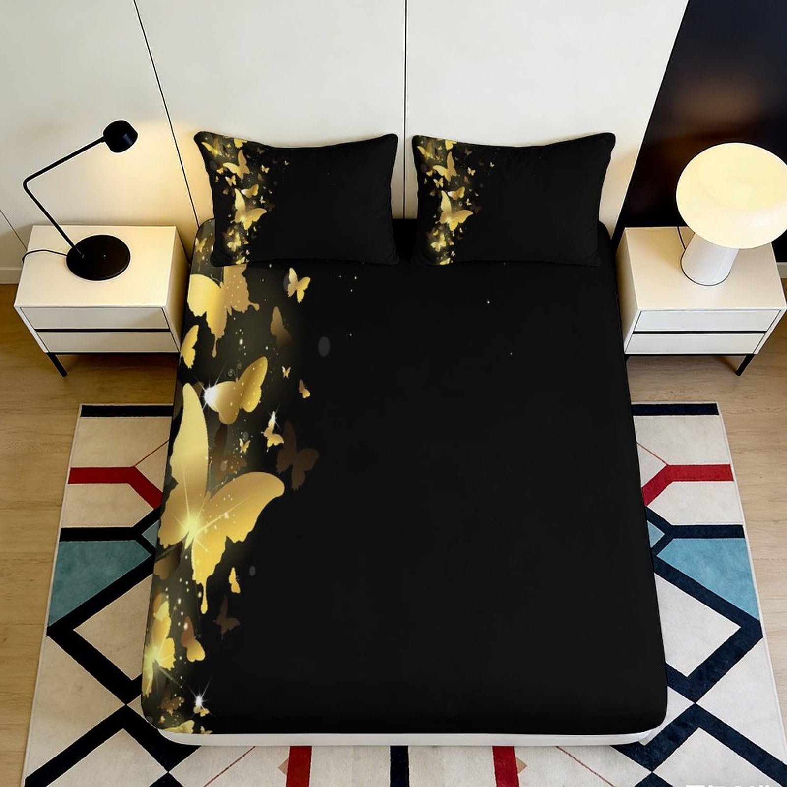 3D Printed Golden Butterfly Fitted Sheet Microfiber Soft Breathable Black Bed Cover for Bedroom Dormitory Guest Room Mattress Protection Decor 160x200x25cm