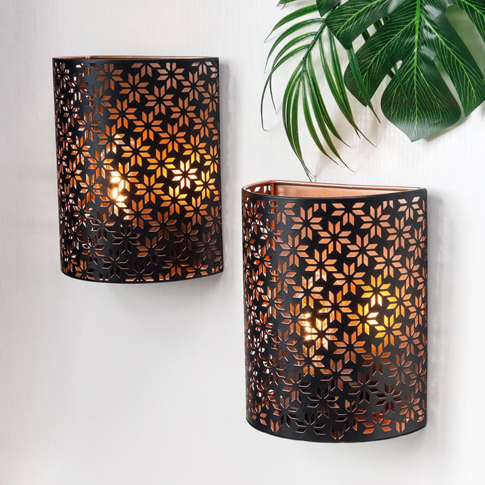 NEWIMAGE Set of 2 Battery Powered Lamp 8''H Wall Sconce Lighting Metal Rustic Wall Mount Lamp with with 6-Hours Timer Wall Decor for Living Room Bedroom Hallway Stairway(Brown, Snowflake)