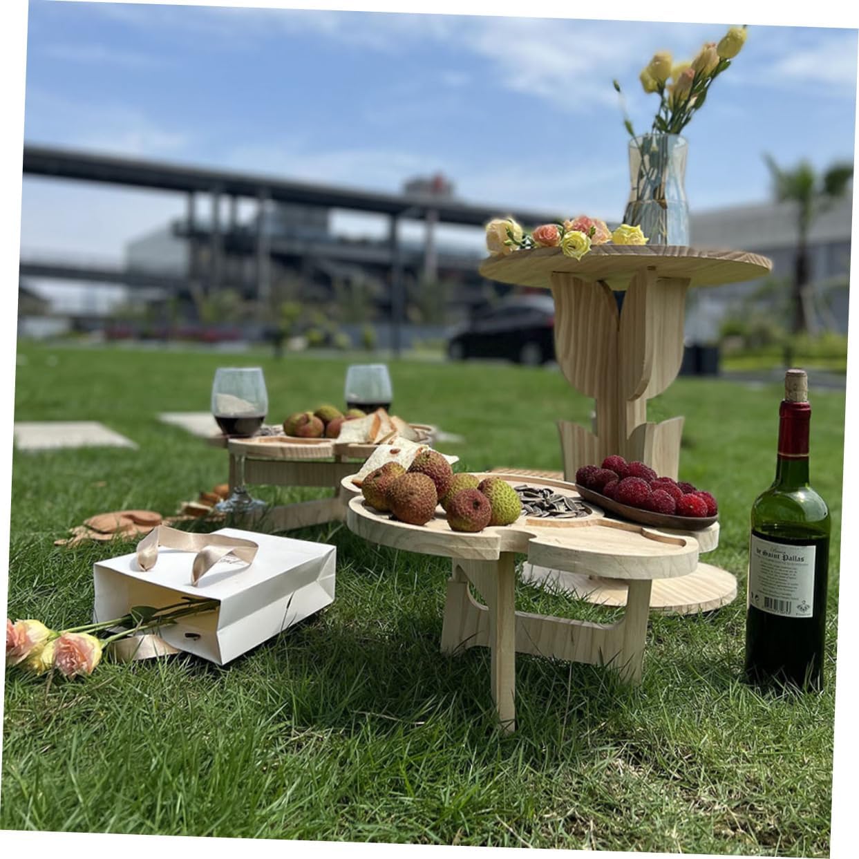 Outdoor Portable Folding Wine Table Wooden Flower-Shaped Picnic Desk for Beach Camping and Indoor Use for Wine Festivals and Gatherings