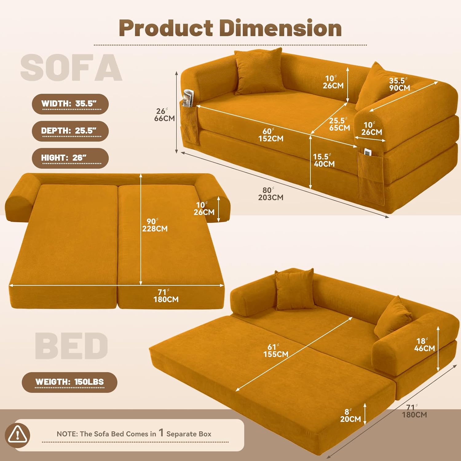80 Inch Convertible Sofa Bed,Folding Pull Out Couch with Pillows & Storage Pocket,Corduroy Queen Sleeper Sofa in a Box,No Assembly Boneless Couch for Living Room,Yellow
