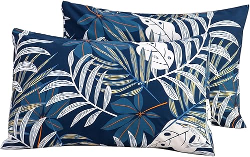 YuHeGuoJi Juego de 2 fundas de almohada, tamaño Queen, 100 % algodón, estampado de plantas tropicales, hojas azules y blancas, con cierre de sobre,