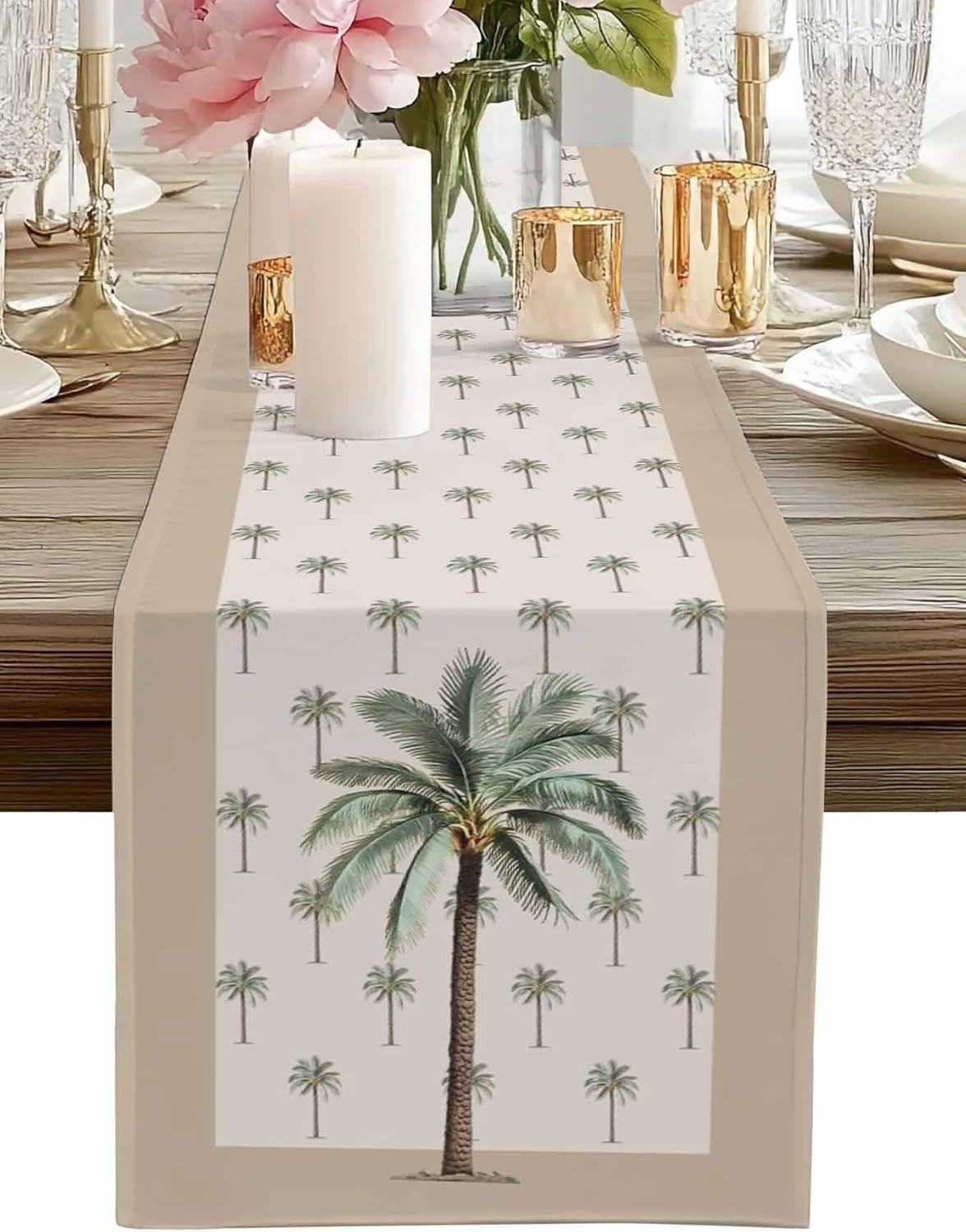Tropical Coconut Cotton Linen Table Runner Dresser Scarves,Khaki Palm Tree Table Runners for Dinning Table,Farmhouse Kitchen Decor,Holiday Dinner Decoration-13x90 Inch