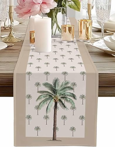 Camino de mesa de lino y algodón de coco tropical, bufandas de tocador, camino de mesa de palmera caqui para mesa de comedor, decoración de cocina