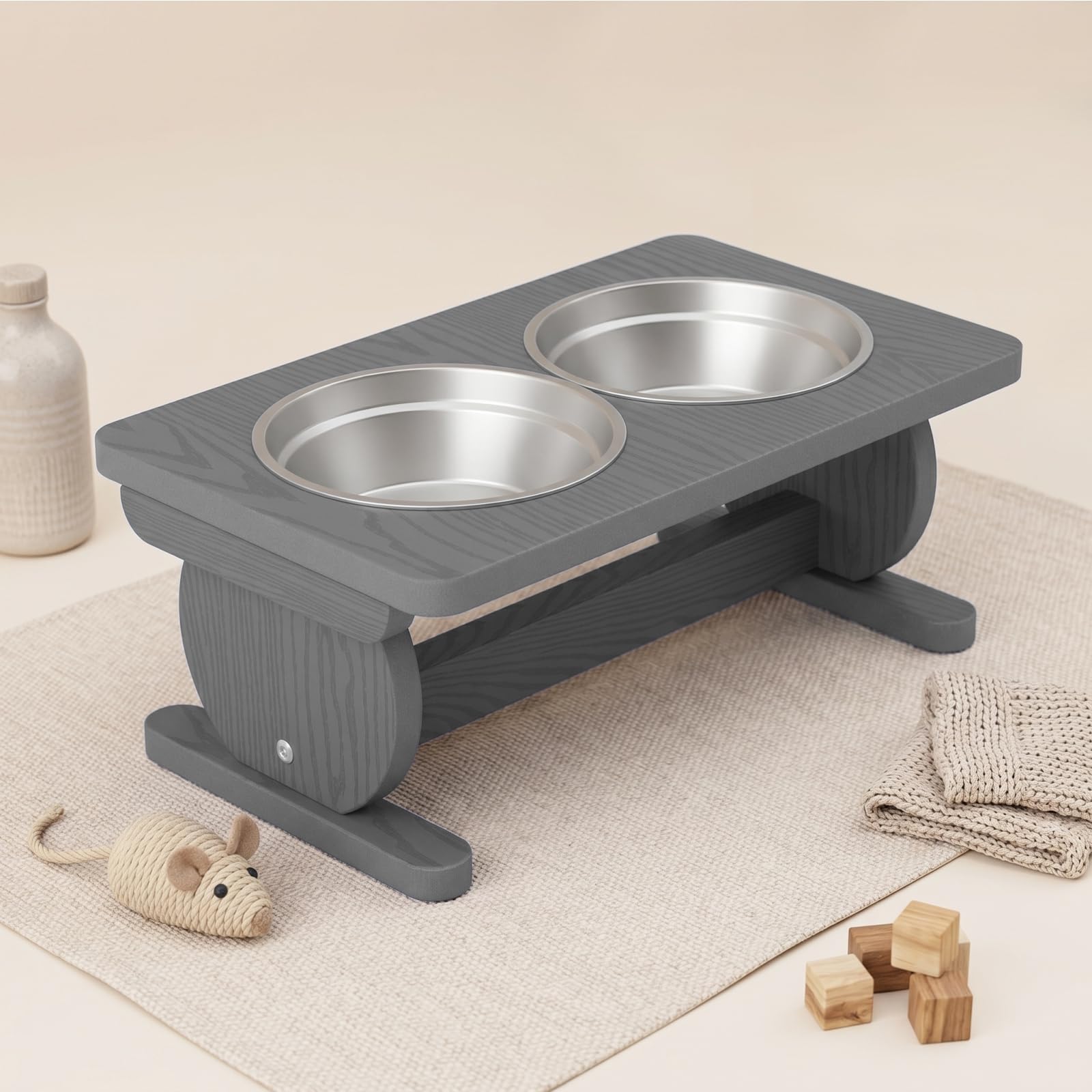 Support surélevé pour gamelle pour chien de petite taille, station d'alimentation avec 2 bols en acier inoxydable de 620 ml et assiette à lécher, bol de nourriture pour chien, gris