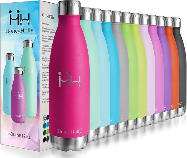 HoneyHolly Stainless Steel Water Bottle 500 ml, Double Walled Vacuum Insulated, Bpa Free, 12 Hours Hot/24 Hours Cold, Reusable Leakproof Water Bottles for Kids, Kitchen, Home, School, Cafe