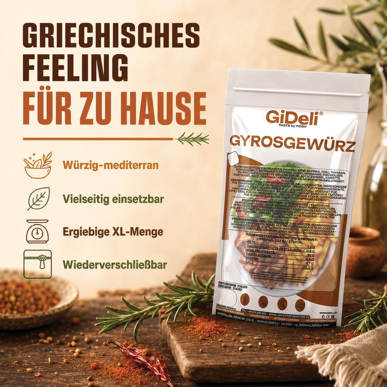 GiDeli Gyrosgewürz 2x5kg - Authentische Griechische Rezeptur mit 11 Gewürzen & Kräutern - Mediterrane Gewürzmischung & Fleischgewürz - Grob Gemahlen & Küchenfertig - Ideal für Grill, Kebab & Marinaden
